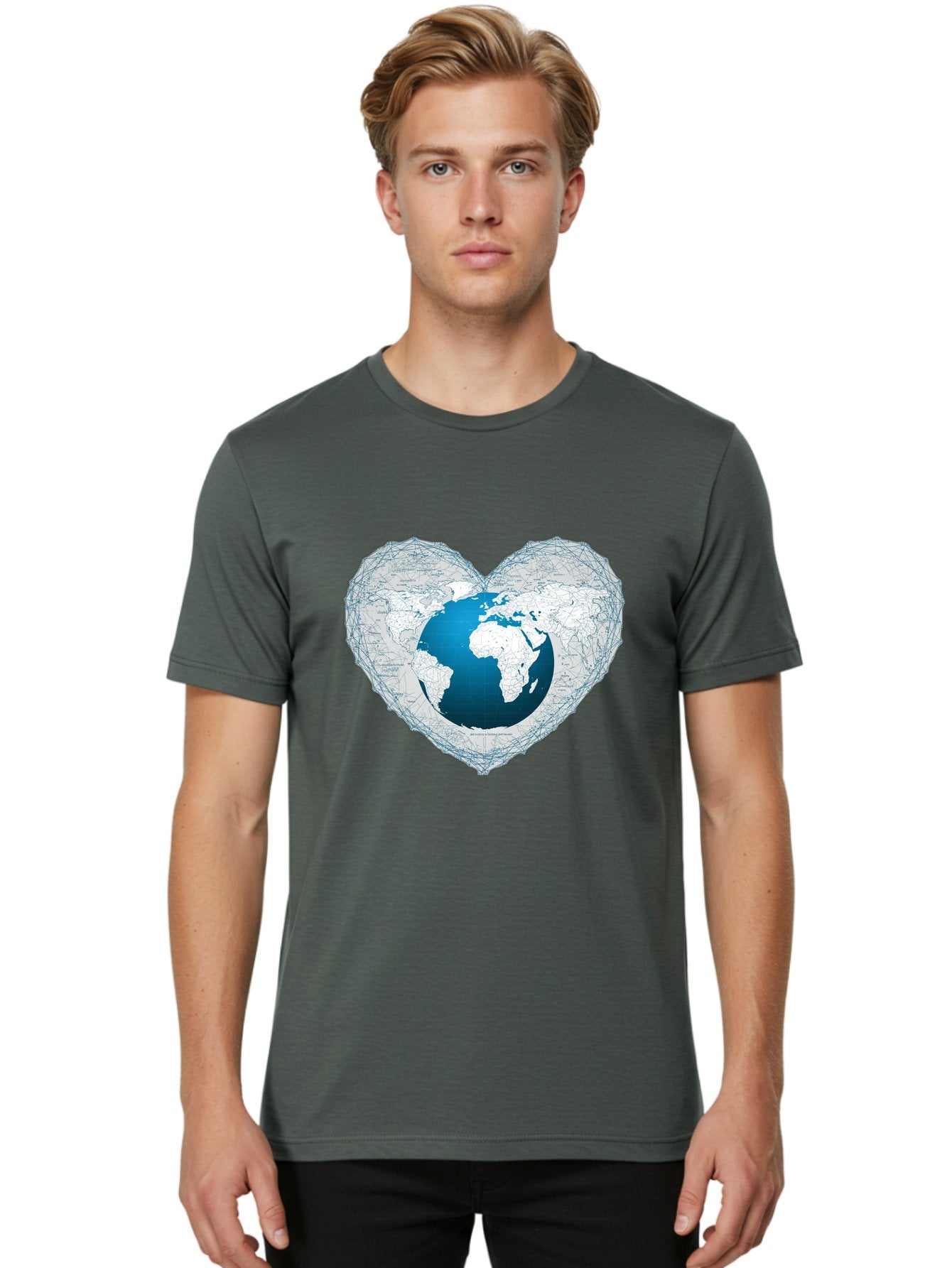 Globe-In-Heart-2 Men'S Graphic Tee, 100% Cotton, Comfortable Casual Summer Wear, Machine Washable, Globe In Heart Shape, World Map, Love For The Earth, Global Unity, Blue Gradient, Wireframe Design, Earth Illustration, Heart-Shaped Globe Baa753 21