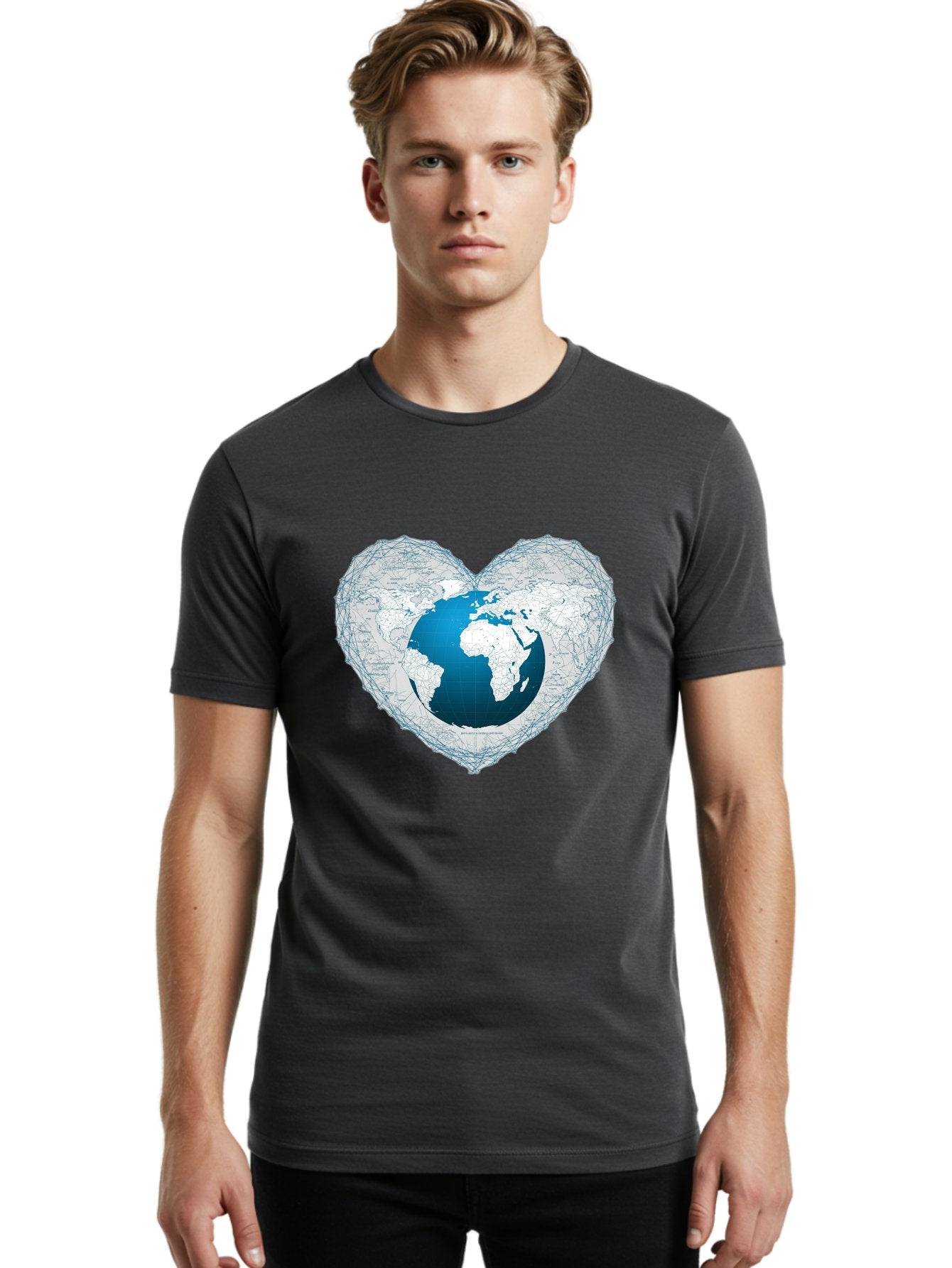 Globe-In-Heart-2 Men'S Graphic Tee, 100% Cotton, Comfortable Casual Summer Wear, Machine Washable, Globe In Heart Shape, World Map, Love For The Earth, Global Unity, Blue Gradient, Wireframe Design, Earth Illustration, Heart-Shaped Globe Baa753 23