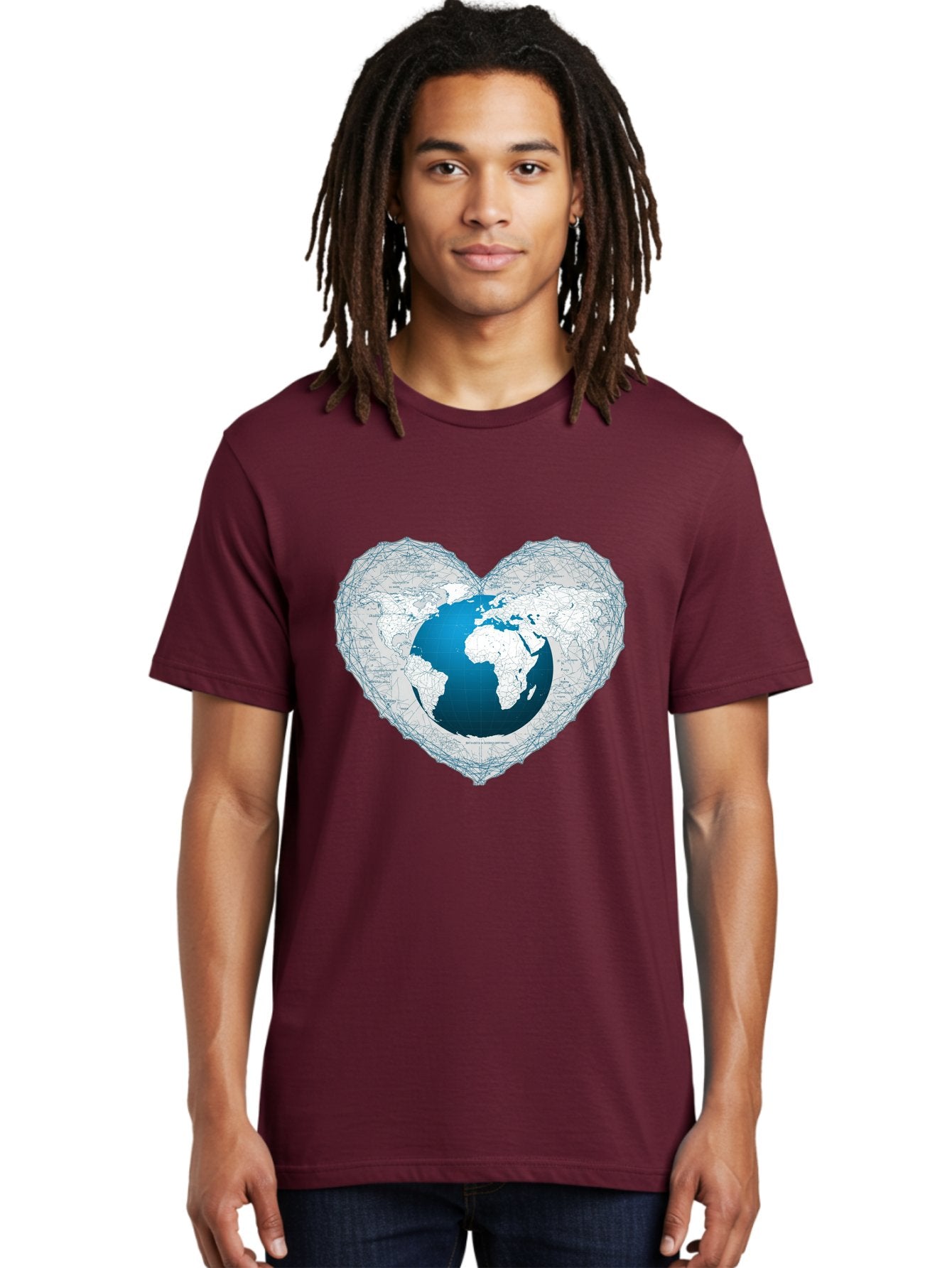 Globe-In-Heart-2 Men'S Graphic Tee, 100% Cotton, Comfortable Casual Summer Wear, Machine Washable, Globe In Heart Shape, World Map, Love For The Earth, Global Unity, Blue Gradient, Wireframe Design, Earth Illustration, Heart-Shaped Globe Baa753 19