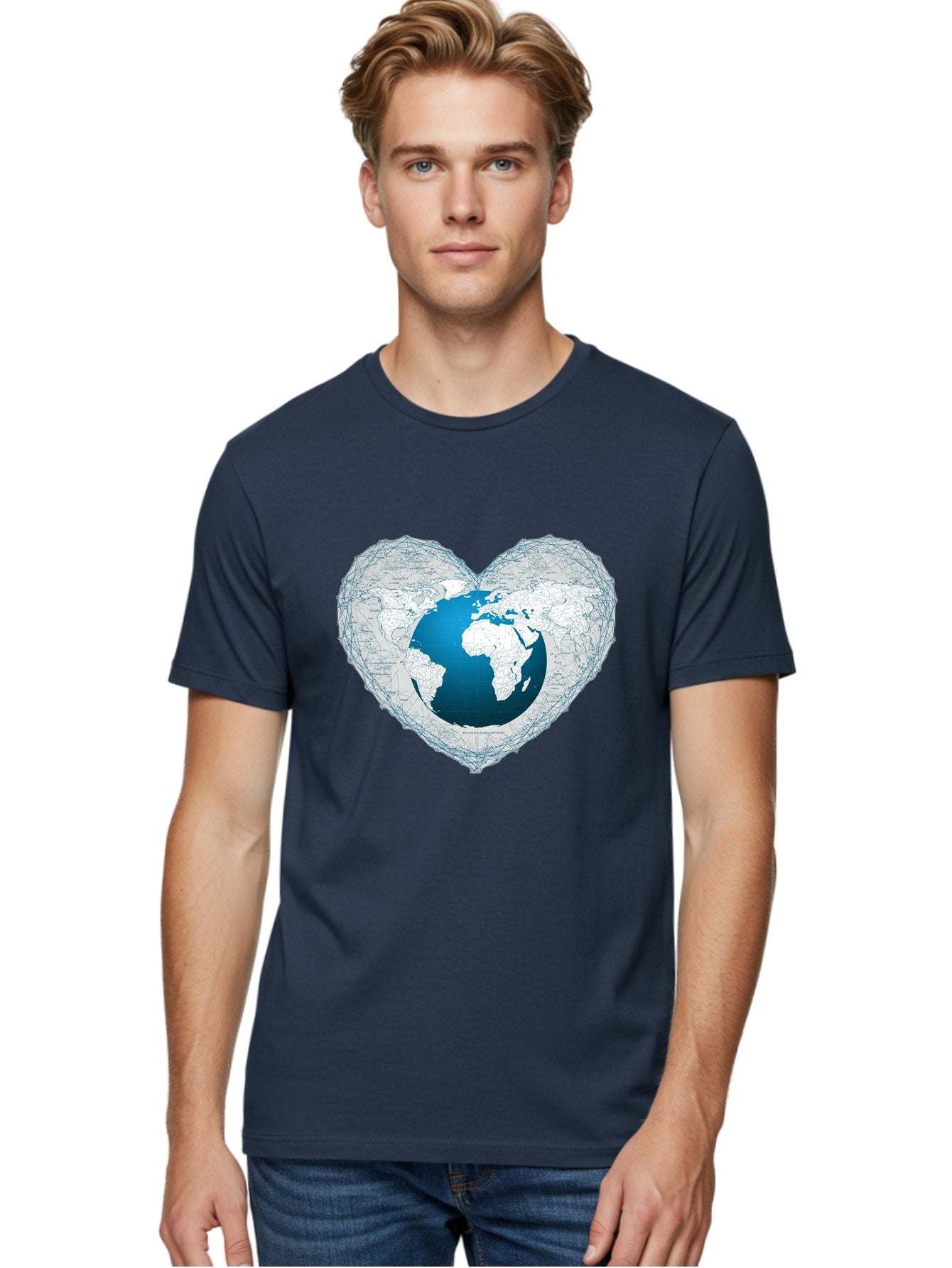 Globe-In-Heart-2 Men'S Graphic Tee, 100% Cotton, Comfortable Casual Summer Wear, Machine Washable, Globe In Heart Shape, World Map, Love For The Earth, Global Unity, Blue Gradient, Wireframe Design, Earth Illustration, Heart-Shaped Globe Baa753 16
