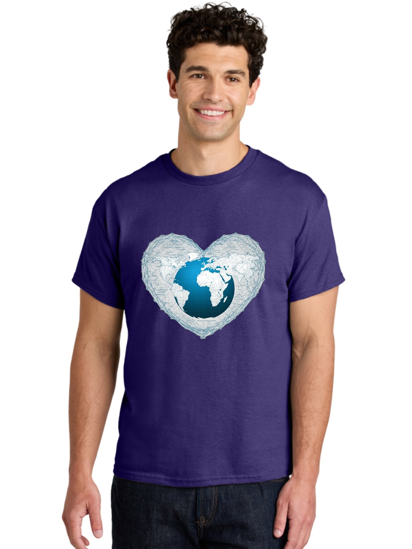 Globe-In-Heart-2 Men'S Graphic Tee, 100% Cotton, Comfortable Casual Summer Wear, Machine Washable, Globe In Heart Shape, World Map, Love For The Earth, Global Unity, Blue Gradient, Wireframe Design, Earth Illustration, Heart-Shaped Globe Baa753 28