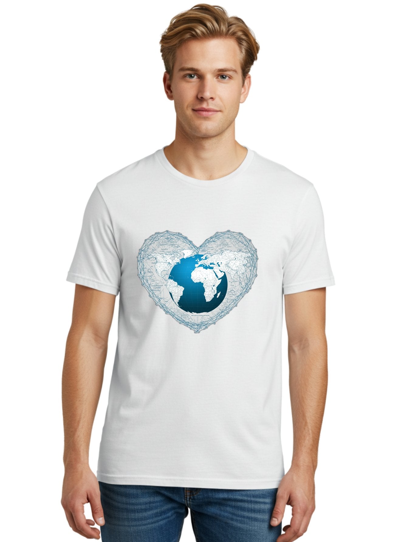 Globe-In-Heart-2 Men'S Graphic Tee, 100% Cotton, Comfortable Casual Summer Wear, Machine Washable, Globe In Heart Shape, World Map, Love For The Earth, Global Unity, Blue Gradient, Wireframe Design, Earth Illustration, Heart-Shaped Globe Baa753 24