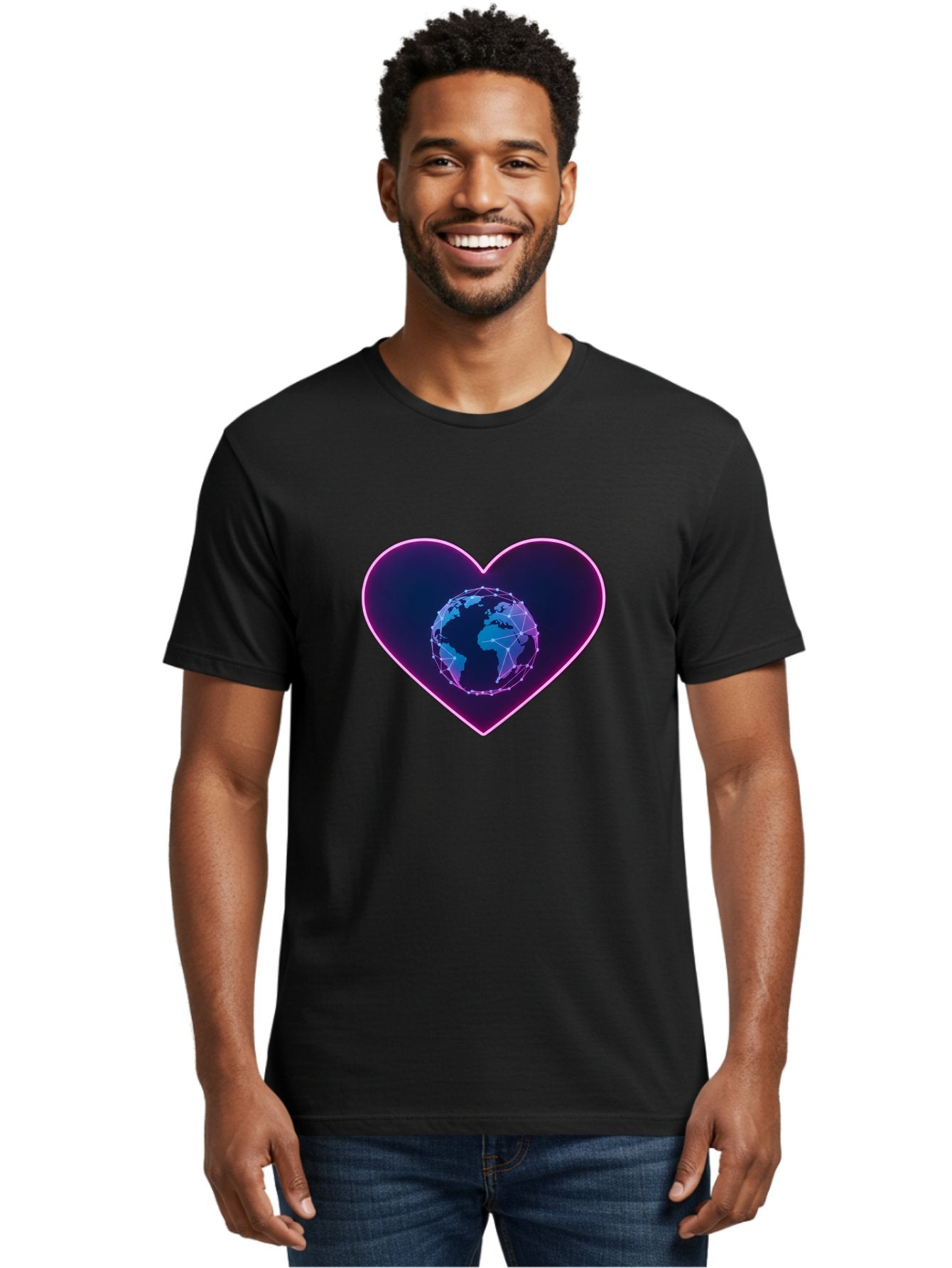Globe-In-Heart Men'S Graphic Tee, 100% Cotton, Comfortable Casual Summer Wear, Machine Washable, Globe In The Heart, Global Unity, World Love, Interconnectedness, Network Effect, Futuristic Design, Digital Art, Earth Connection Baa754 16