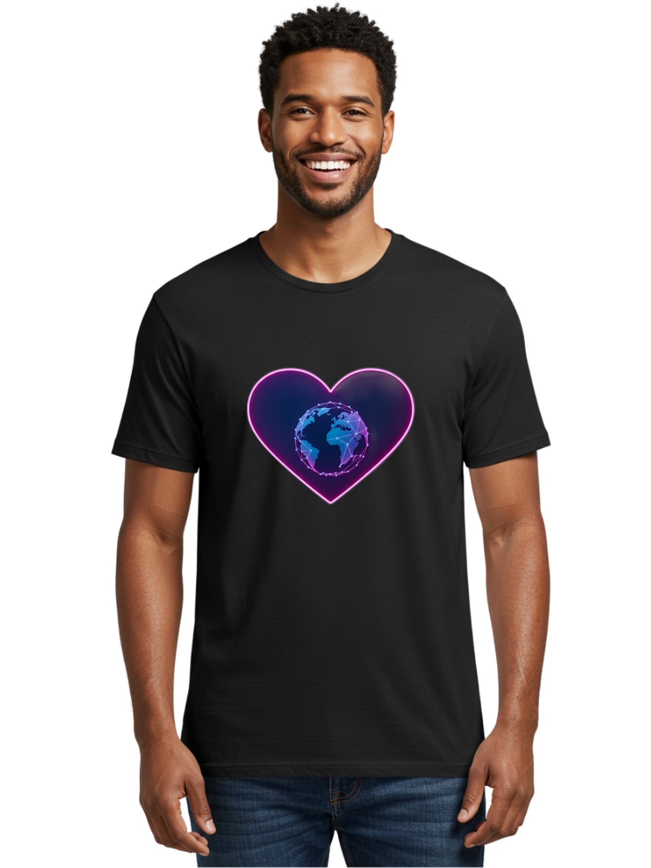 Globe-In-Heart Men'S Graphic Tee, 100% Cotton, Comfortable Casual Summer Wear, Machine Washable, Globe In The Heart, Global Unity, World Love, Interconnectedness, Network Effect, Futuristic Design, Digital Art, Earth Connection Baa754 26