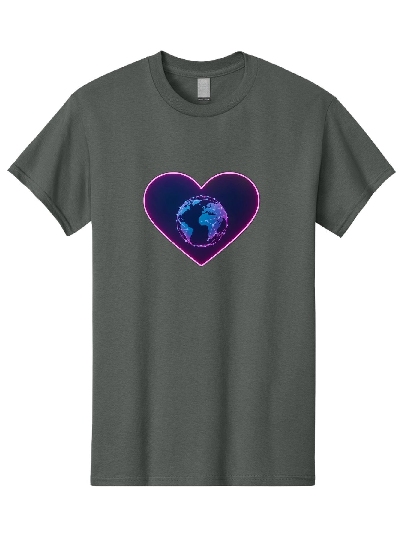 Globe-In-Heart Men'S Graphic Tee, 100% Cotton, Comfortable Casual Summer Wear, Machine Washable, Globe In The Heart, Global Unity, World Love, Interconnectedness, Network Effect, Futuristic Design, Digital Art, Earth Connection Baa754 4