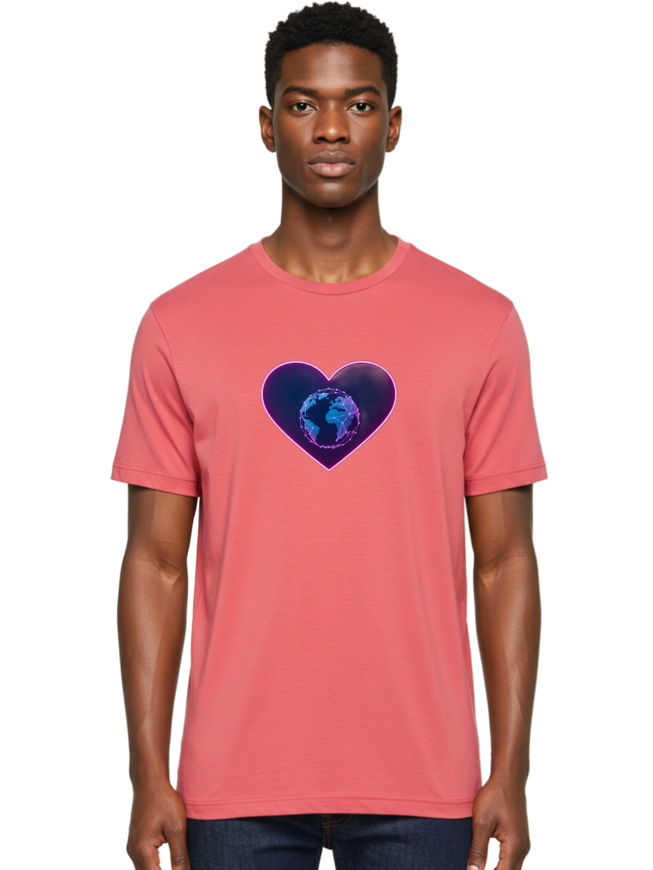 Globe-In-Heart Men'S Graphic Tee, 100% Cotton, Comfortable Casual Summer Wear, Machine Washable, Globe In The Heart, Global Unity, World Love, Interconnectedness, Network Effect, Futuristic Design, Digital Art, Earth Connection Baa754