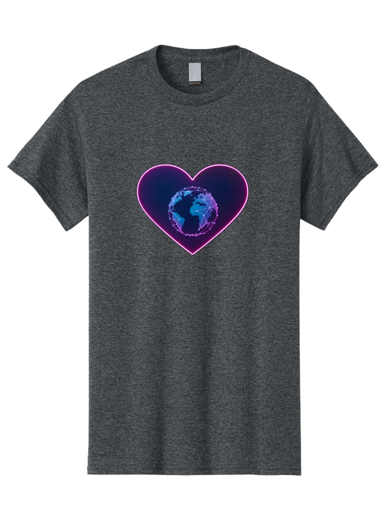 Globe-In-Heart Men'S Graphic Tee, 100% Cotton, Comfortable Casual Summer Wear, Machine Washable, Globe In The Heart, Global Unity, World Love, Interconnectedness, Network Effect, Futuristic Design, Digital Art, Earth Connection Baa754 3