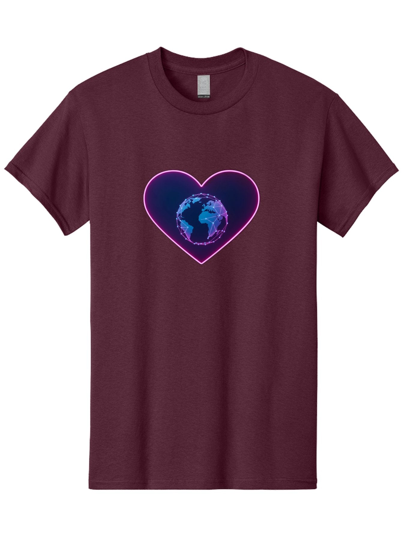 Globe-In-Heart Men'S Graphic Tee, 100% Cotton, Comfortable Casual Summer Wear, Machine Washable, Globe In The Heart, Global Unity, World Love, Interconnectedness, Network Effect, Futuristic Design, Digital Art, Earth Connection Baa754
