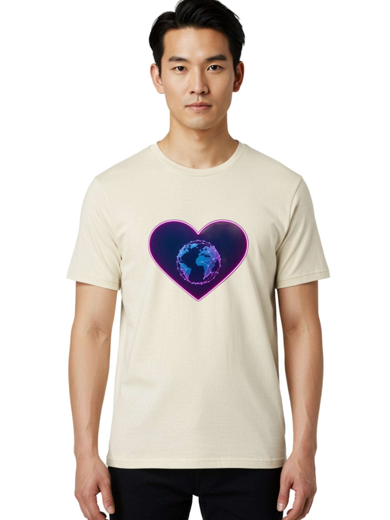 Globe-In-Heart Men'S Graphic Tee, 100% Cotton, Comfortable Casual Summer Wear, Machine Washable, Globe In The Heart, Global Unity, World Love, Interconnectedness, Network Effect, Futuristic Design, Digital Art, Earth Connection Baa754 27