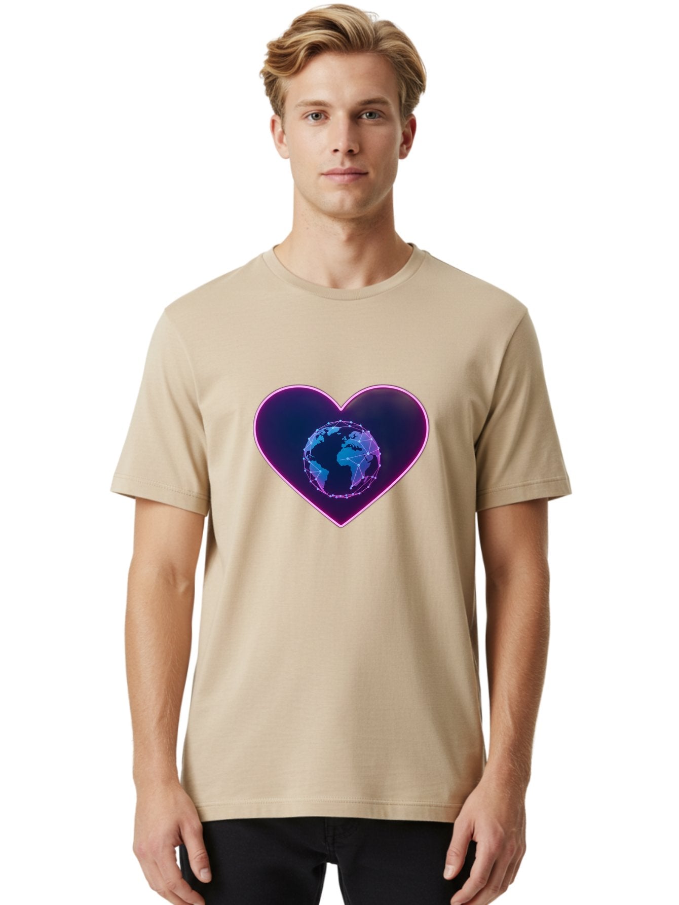 Globe-In-Heart Men'S Graphic Tee, 100% Cotton, Comfortable Casual Summer Wear, Machine Washable, Globe In The Heart, Global Unity, World Love, Interconnectedness, Network Effect, Futuristic Design, Digital Art, Earth Connection Baa754 26