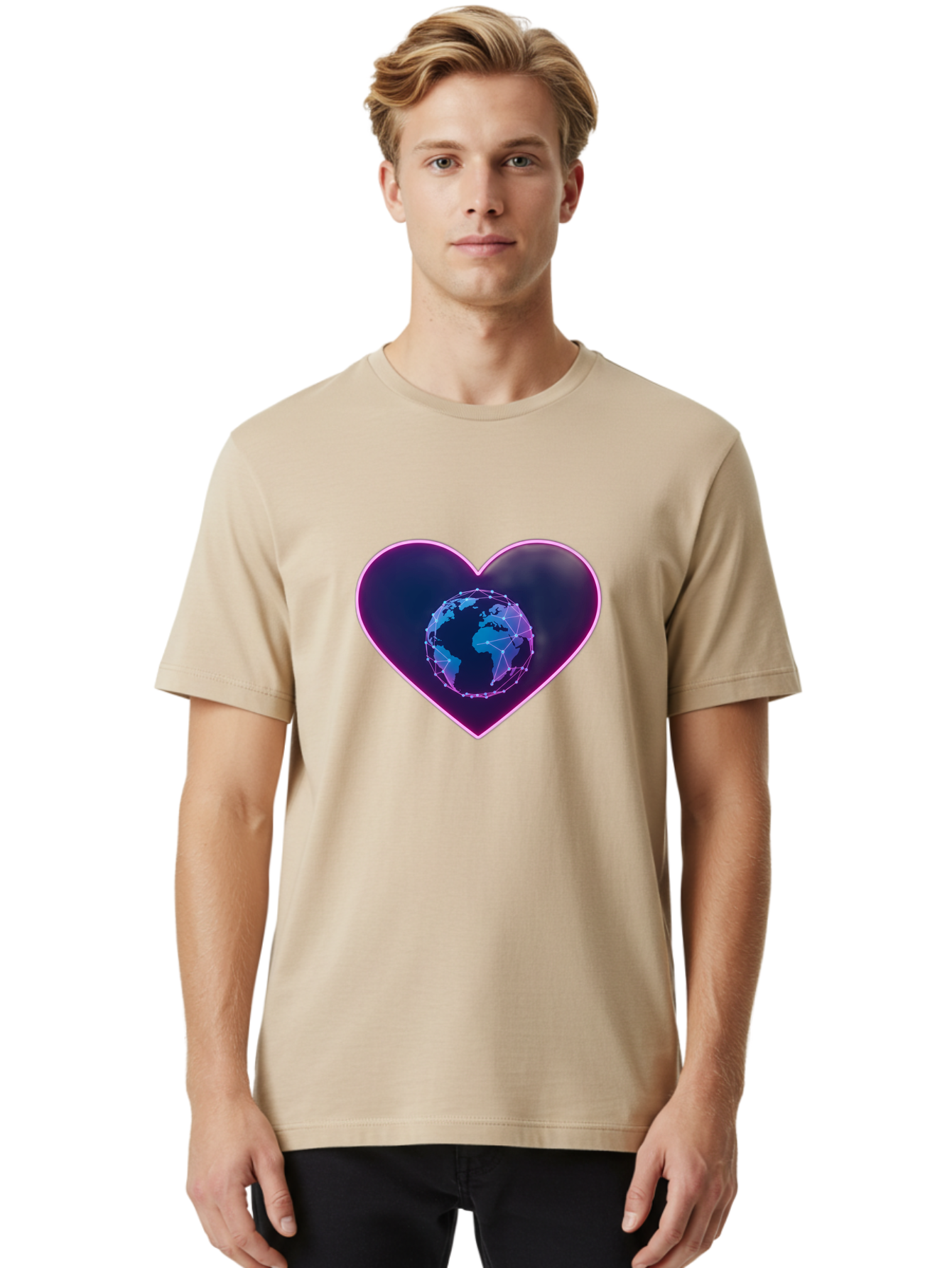 Globe-In-Heart Men'S Graphic Tee, 100% Cotton, Comfortable Casual Summer Wear, Machine Washable, Globe In The Heart, Global Unity, World Love, Interconnectedness, Network Effect, Futuristic Design, Digital Art, Earth Connection Baa754 10
