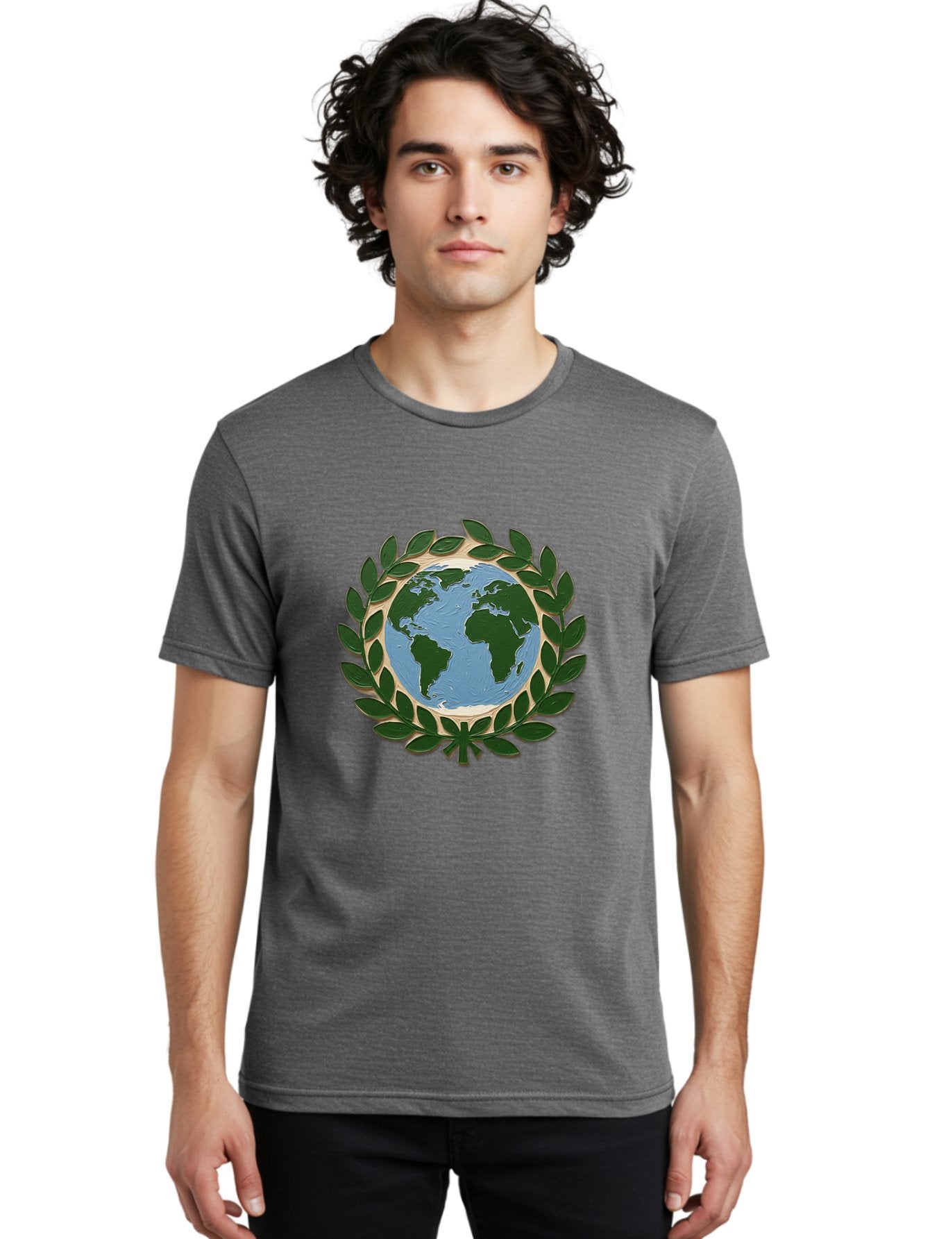 Globe-With-Laurel-Wreath Men'S Graphic Tee, 100% Cotton, Comfortable Casual Summer Wear, Machine Washable, Globe Surrounded By Leaves, Environmental Protection, Eco-Friendly, Conservation, Green Initiatives, Sustainable Living, Earth Day, Baa756 20
