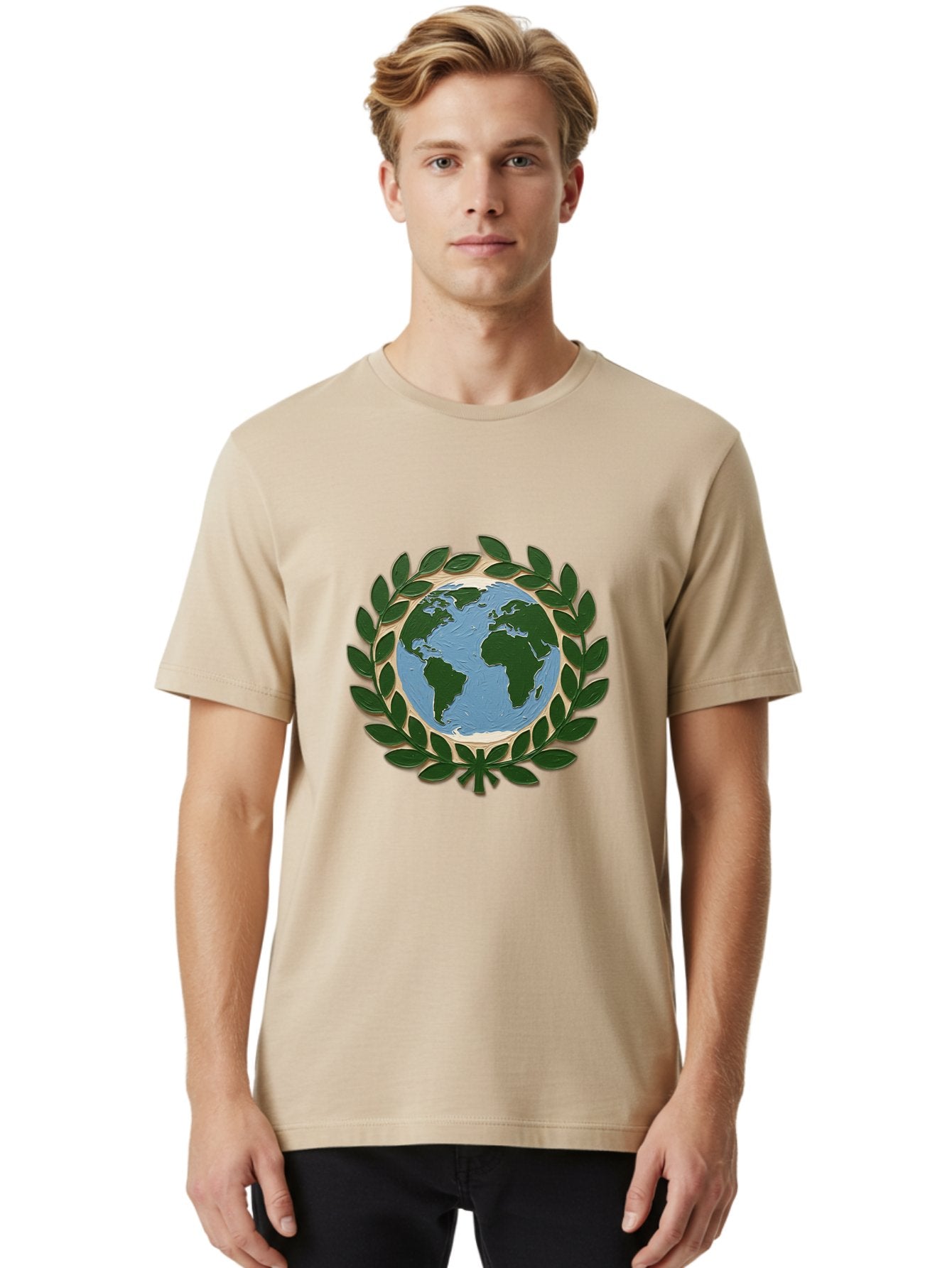 Globe-With-Laurel-Wreath Men'S Graphic Tee, 100% Cotton, Comfortable Casual Summer Wear, Machine Washable, Globe Surrounded By Leaves, Environmental Protection, Eco-Friendly, Conservation, Green Initiatives, Sustainable Living, Earth Day, Baa756 24