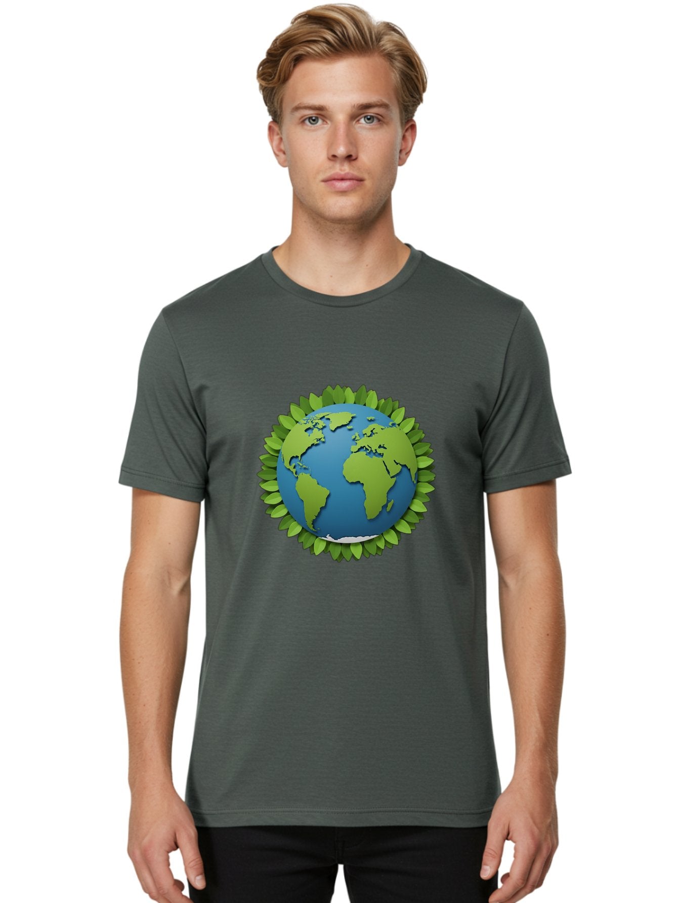 Globe-With-Leaves-1 Men'S Graphic Tee, 100% Cotton, Comfortable Casual Summer Wear, Machine Washable, Globe Surrounded By Leaves, Eco-Friendly, Sustainable Living, Environmental Conservation, Green Earth, World Unity, Going Green, Earth Day Baa757 16