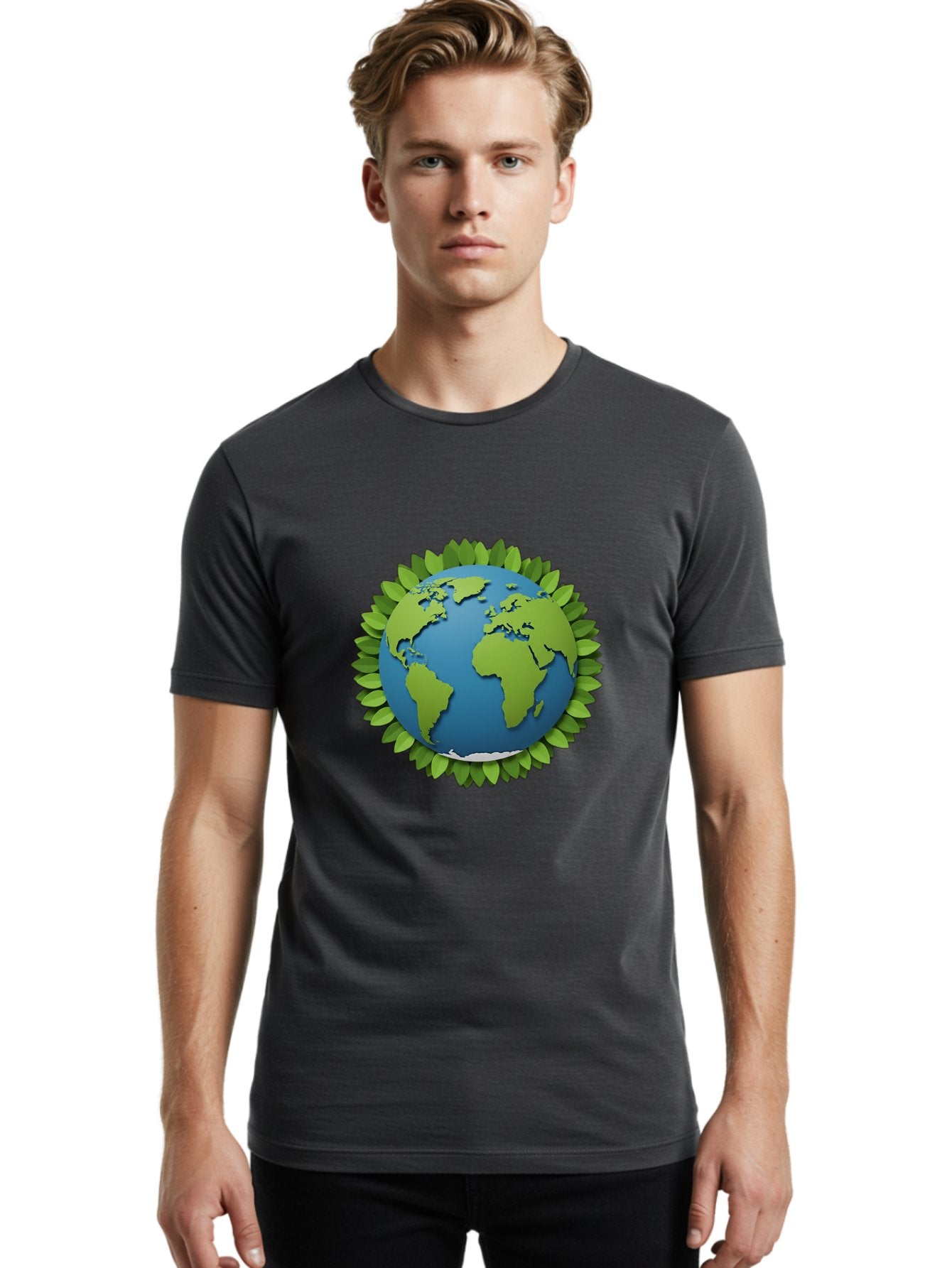 Globe-With-Leaves-1 Men'S Graphic Tee, 100% Cotton, Comfortable Casual Summer Wear, Machine Washable, Globe Surrounded By Leaves, Eco-Friendly, Sustainable Living, Environmental Conservation, Green Earth, World Unity, Going Green, Earth Day Baa757 17