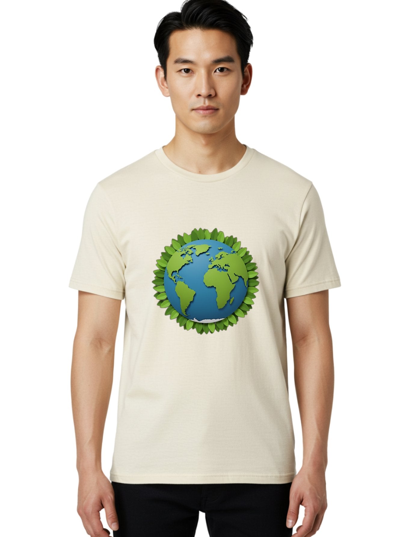 Globe-With-Leaves-1 Men'S Graphic Tee, 100% Cotton, Comfortable Casual Summer Wear, Machine Washable, Globe Surrounded By Leaves, Eco-Friendly, Sustainable Living, Environmental Conservation, Green Earth, World Unity, Going Green, Earth Day Baa757 24
