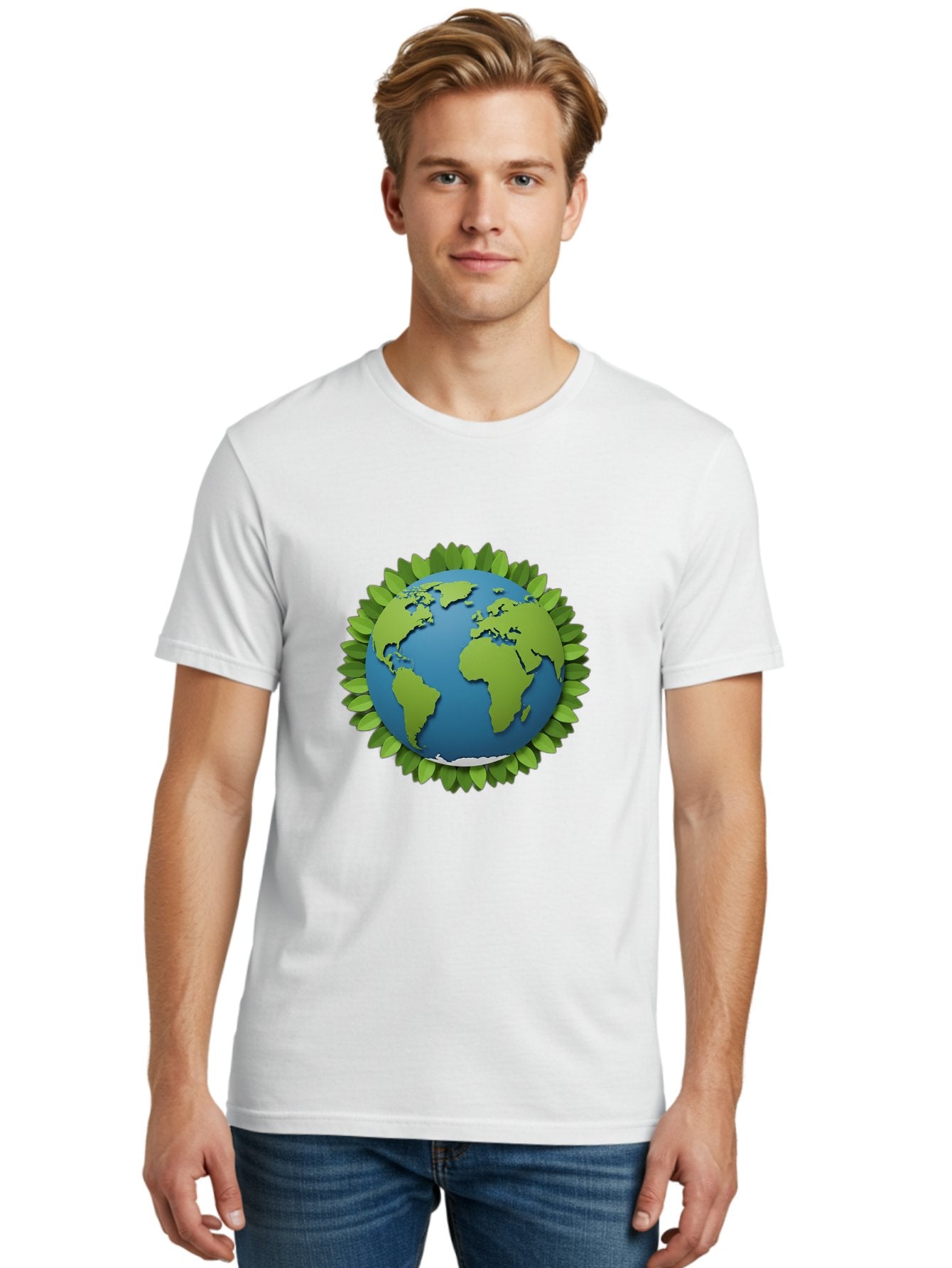 Globe-With-Leaves-1 Men'S Graphic Tee, 100% Cotton, Comfortable Casual Summer Wear, Machine Washable, Globe Surrounded By Leaves, Eco-Friendly, Sustainable Living, Environmental Conservation, Green Earth, World Unity, Going Green, Earth Day Baa757 30