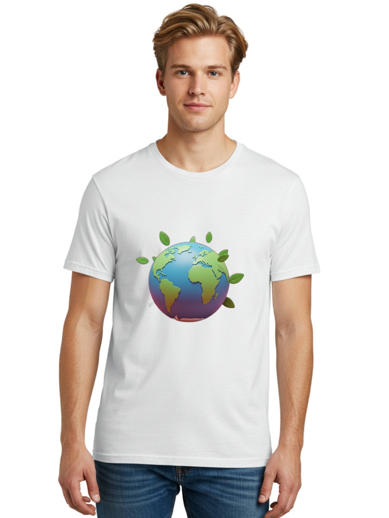 Globe-With-Leaves Men'S Graphic Tee, 100% Cotton, Comfortable Casual Summer Wear, Machine Washable, Globe With Leaves, Eco Friendly, Environmental Awareness, Green Earth, Sustainable Living, Eco Consciousness, World Unity Baa759 25