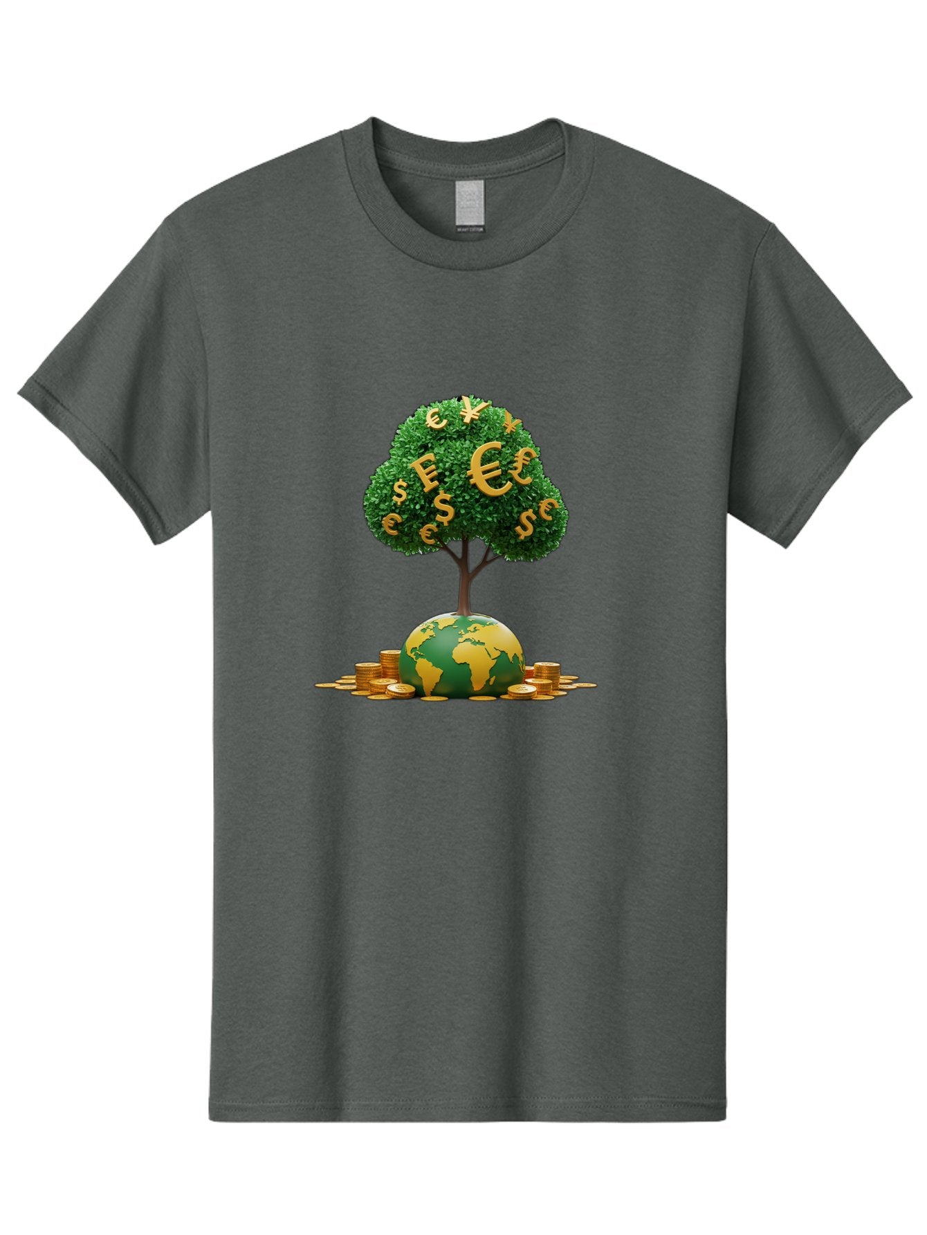 Globe-With-Money-Tree Men'S Graphic Tee, 100% Cotton, Comfortable Casual Summer Wear, Machine Washable, Globe With Money Tree, World Economy, Financial Growth, Euro And Dollar Signs, Global Prosperity, Economic Success, Wealth And Finance, Baa760 4