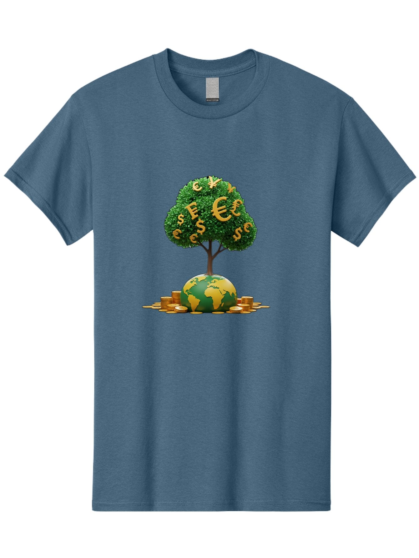 Globe-With-Money-Tree Men'S Graphic Tee, 100% Cotton, Comfortable Casual Summer Wear, Machine Washable, Globe With Money Tree, World Economy, Financial Growth, Euro And Dollar Signs, Global Prosperity, Economic Success, Wealth And Finance, Baa760