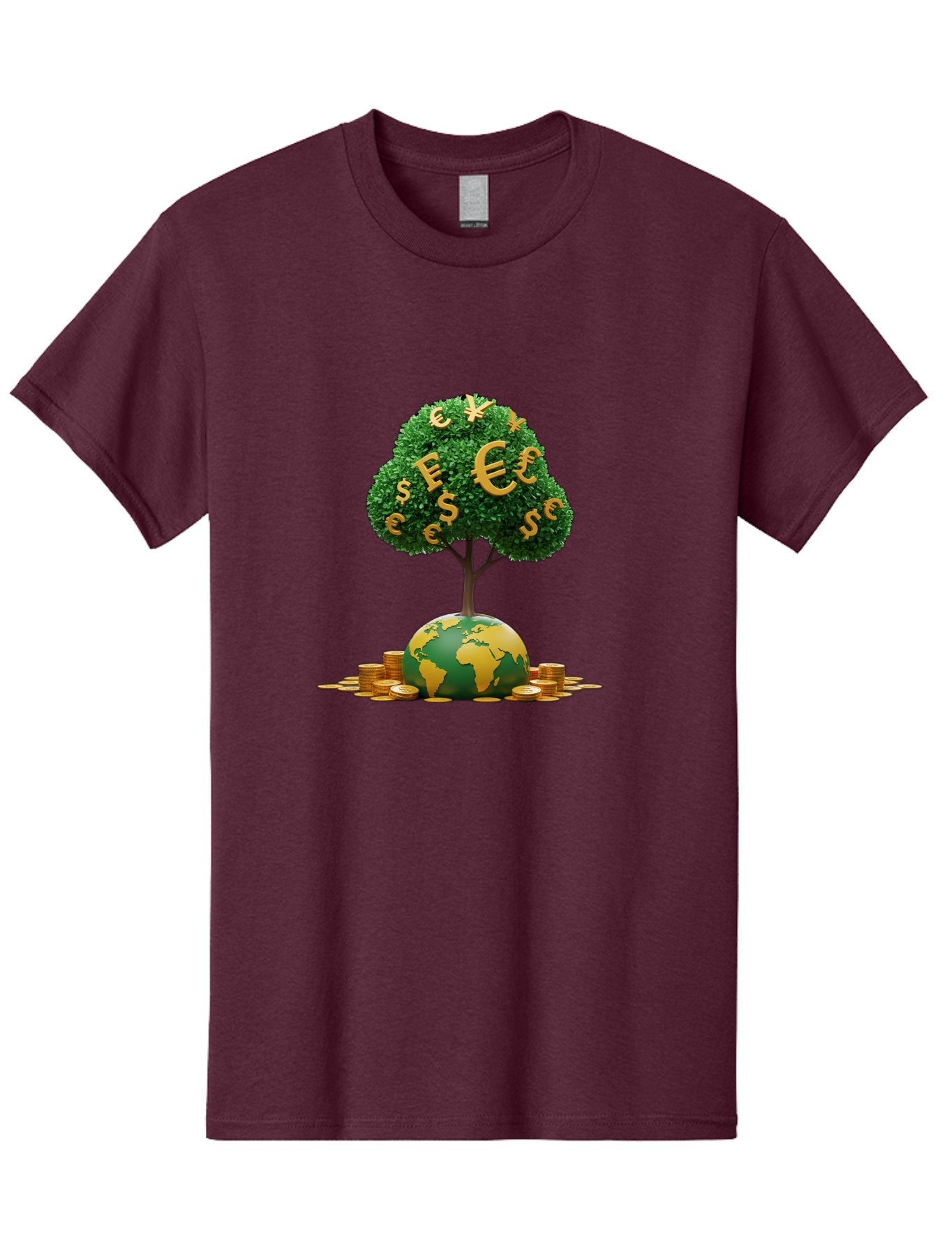 Globe-With-Money-Tree Men'S Graphic Tee, 100% Cotton, Comfortable Casual Summer Wear, Machine Washable, Globe With Money Tree, World Economy, Financial Growth, Euro And Dollar Signs, Global Prosperity, Economic Success, Wealth And Finance, Baa760 7