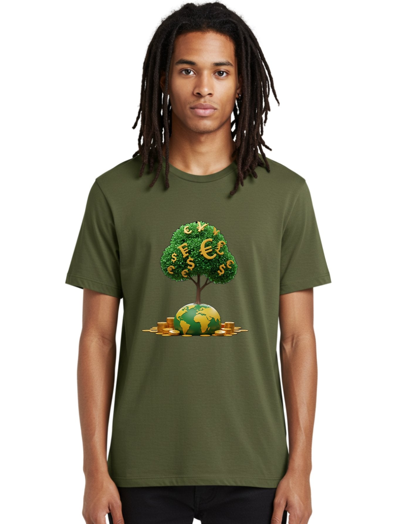 Globe-With-Money-Tree Men'S Graphic Tee, 100% Cotton, Comfortable Casual Summer Wear, Machine Washable, Globe With Money Tree, World Economy, Financial Growth, Euro And Dollar Signs, Global Prosperity, Economic Success, Wealth And Finance, Baa760 24
