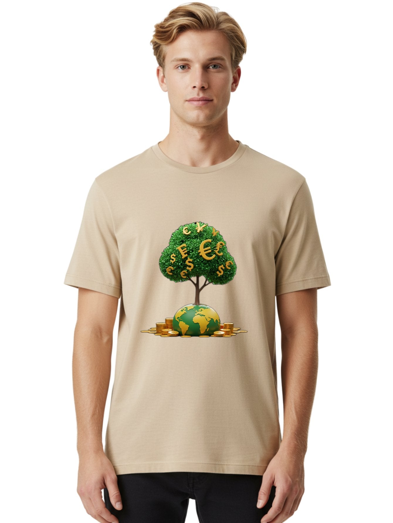 Globe-With-Money-Tree Men'S Graphic Tee, 100% Cotton, Comfortable Casual Summer Wear, Machine Washable, Globe With Money Tree, World Economy, Financial Growth, Euro And Dollar Signs, Global Prosperity, Economic Success, Wealth And Finance, Baa760 26