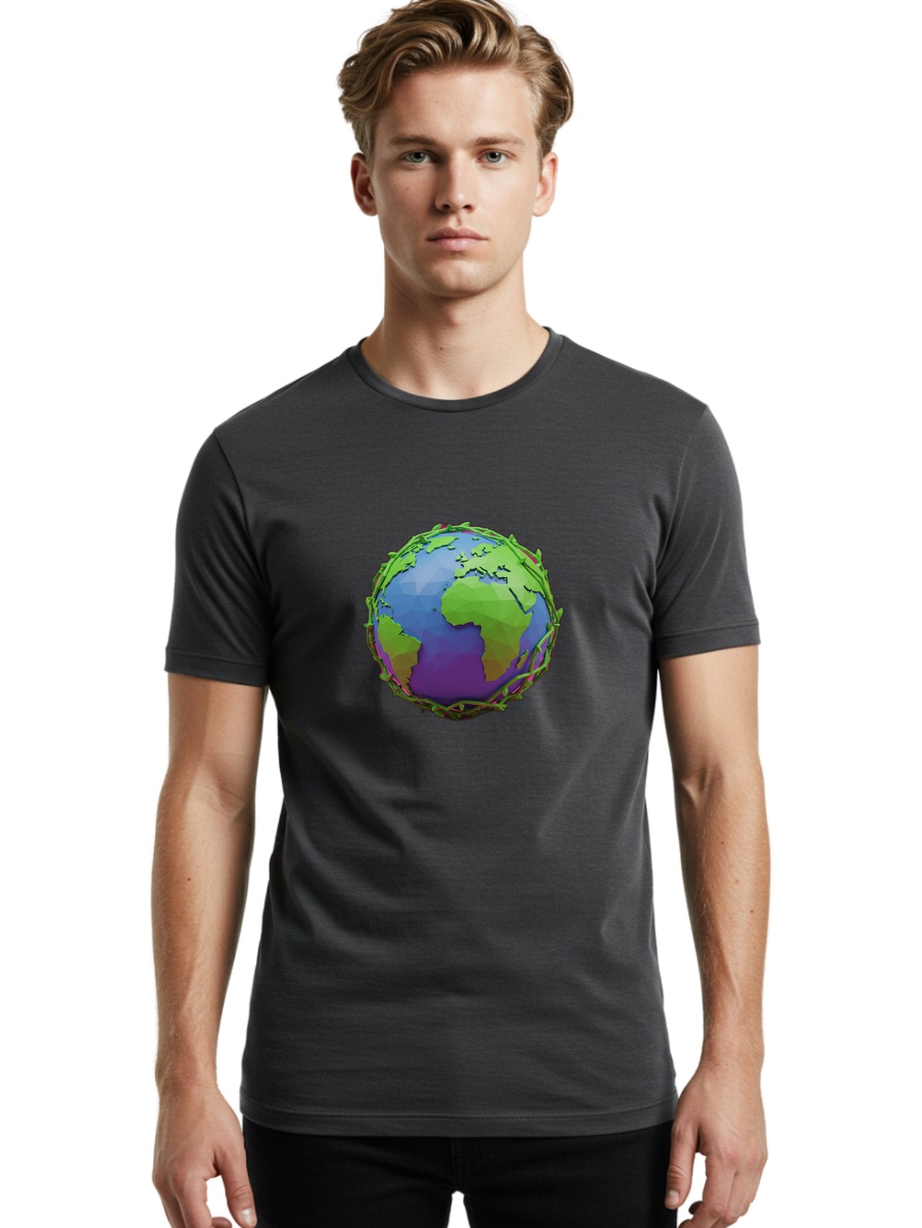 Globe-Wrapped-In-Chains Men'S Graphic Tee, 100% Cotton, Comfortable Casual Summer Wear, Machine Washable, 3D Globe, Chain-Like Vines Wrapping, Global Unity, Earthy Tones, Eco-Friendly Theme, Environmental Awareness, Natural Elements Baa763 19