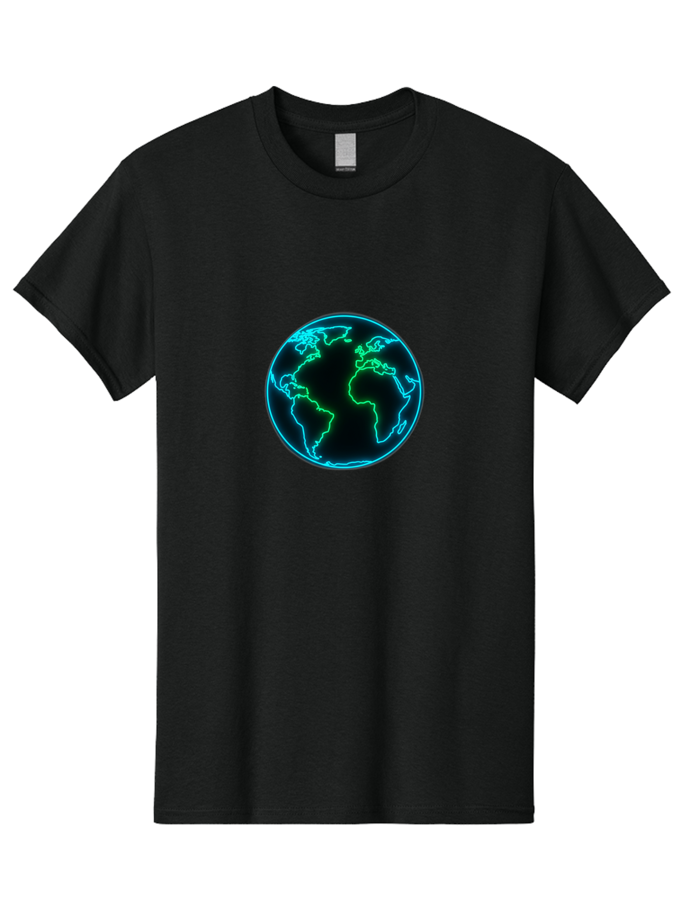 Glowing-Earth Men'S Graphic Tee, 100% Cotton, Comfortable Casual Summer Wear, Machine Washable, Glowing Earth, Neon Map, Global Technology, Digital Planet, Africa And South America Centered, Futuristic Design, Blue And Green Glow Baa765 25