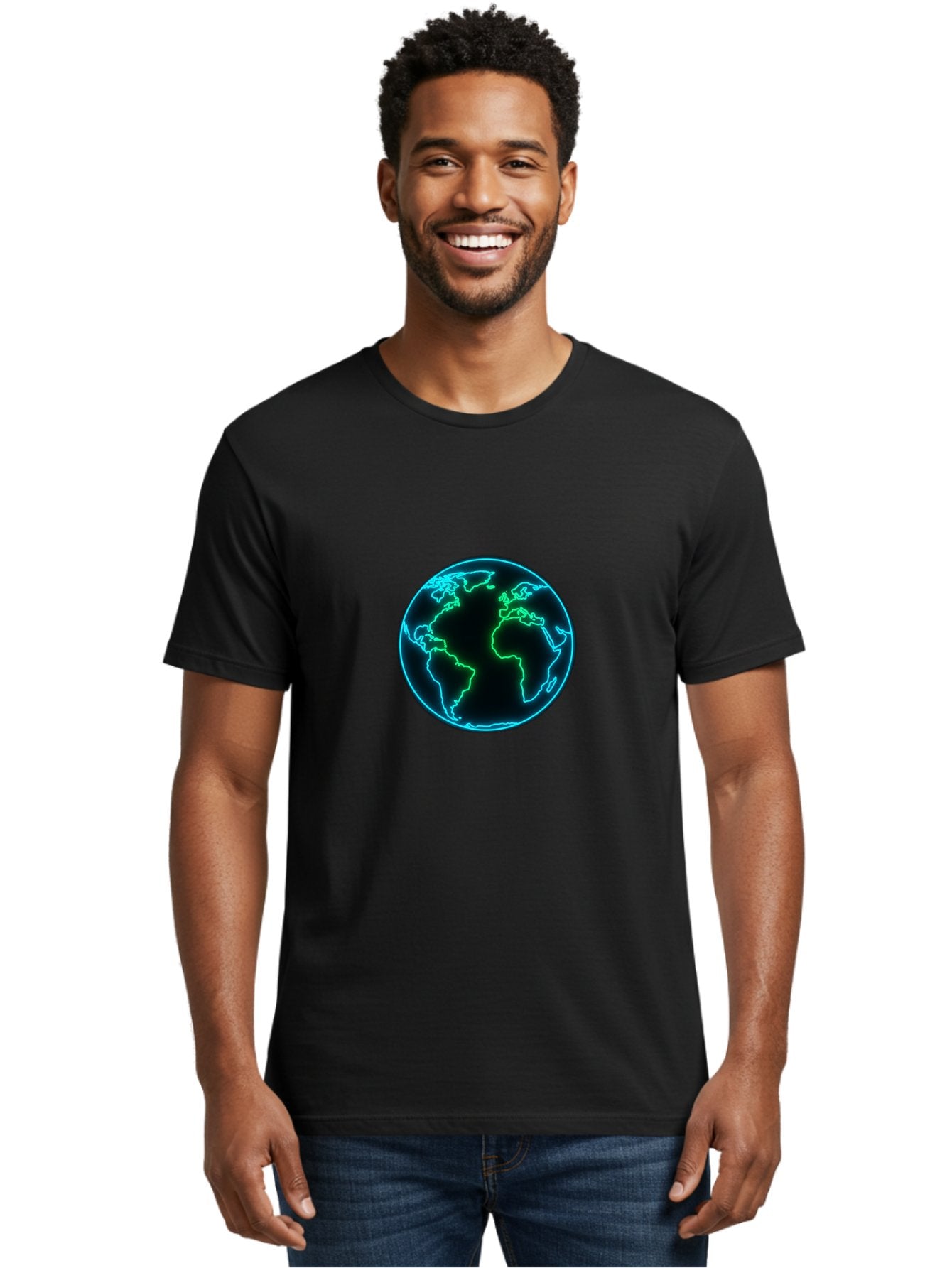 Glowing-Earth Men'S Graphic Tee, 100% Cotton, Comfortable Casual Summer Wear, Machine Washable, Glowing Earth, Neon Map, Global Technology, Digital Planet, Africa And South America Centered, Futuristic Design, Blue And Green Glow Baa765 16