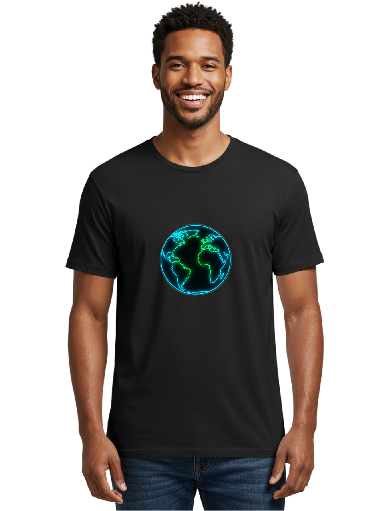 Glowing-Earth Men'S Graphic Tee, 100% Cotton, Comfortable Casual Summer Wear, Machine Washable, Glowing Earth, Neon Map, Global Technology, Digital Planet, Africa And South America Centered, Futuristic Design, Blue And Green Glow Baa765 26