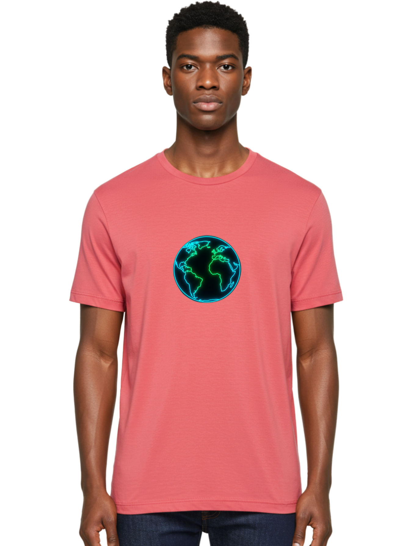 Glowing-Earth Men'S Graphic Tee, 100% Cotton, Comfortable Casual Summer Wear, Machine Washable, Glowing Earth, Neon Map, Global Technology, Digital Planet, Africa And South America Centered, Futuristic Design, Blue And Green Glow Baa765 14