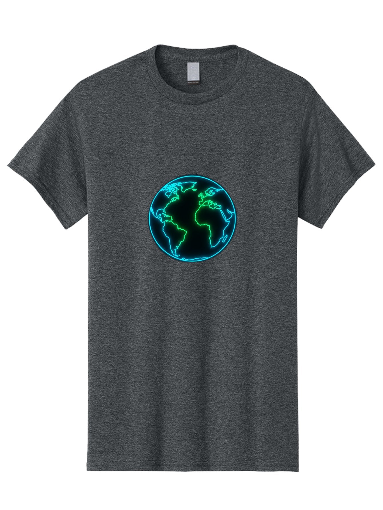 Glowing-Earth Men'S Graphic Tee, 100% Cotton, Comfortable Casual Summer Wear, Machine Washable, Glowing Earth, Neon Map, Global Technology, Digital Planet, Africa And South America Centered, Futuristic Design, Blue And Green Glow Baa765 5
