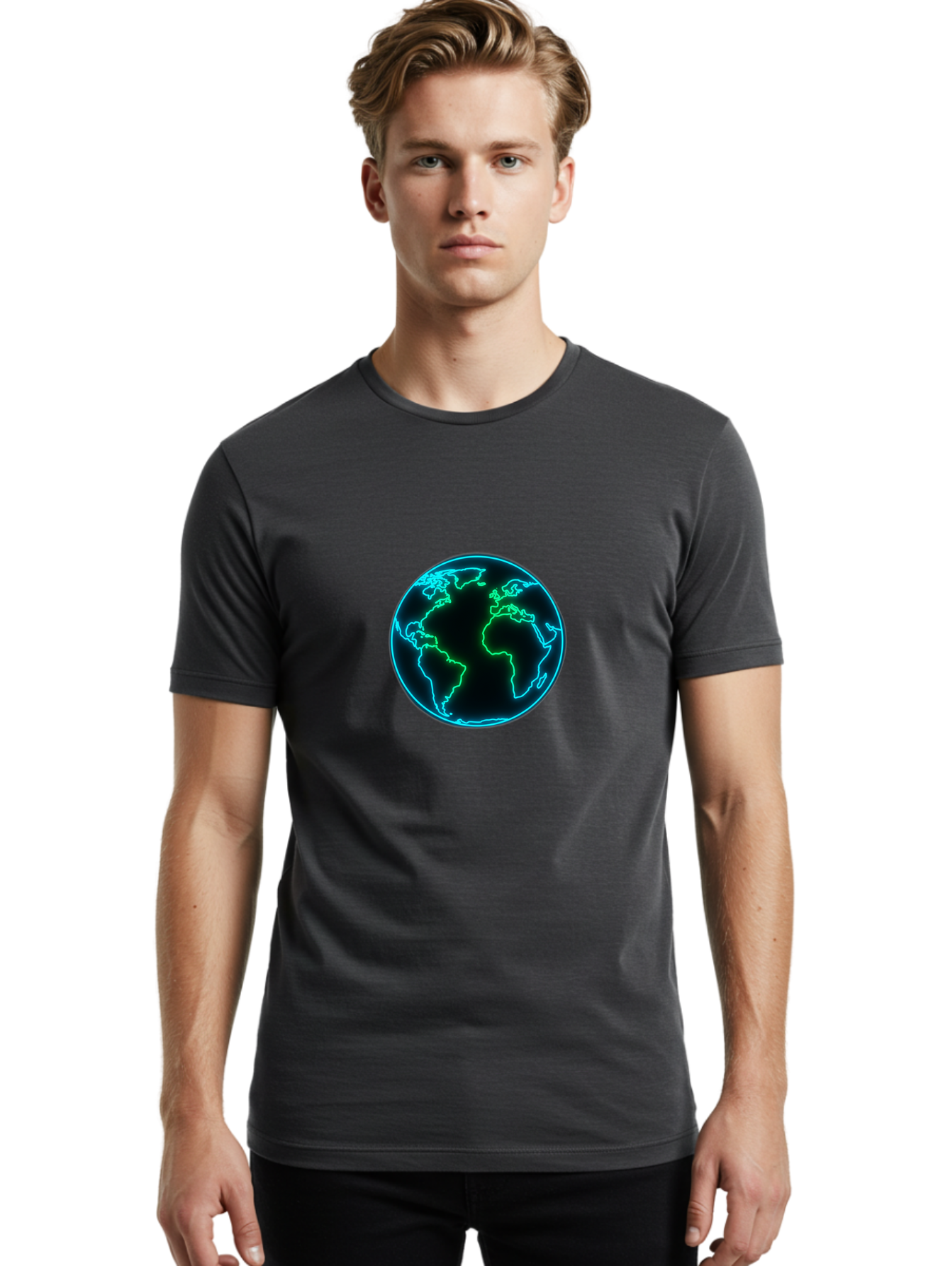 Glowing-Earth Men'S Graphic Tee, 100% Cotton, Comfortable Casual Summer Wear, Machine Washable, Glowing Earth, Neon Map, Global Technology, Digital Planet, Africa And South America Centered, Futuristic Design, Blue And Green Glow Baa765 16