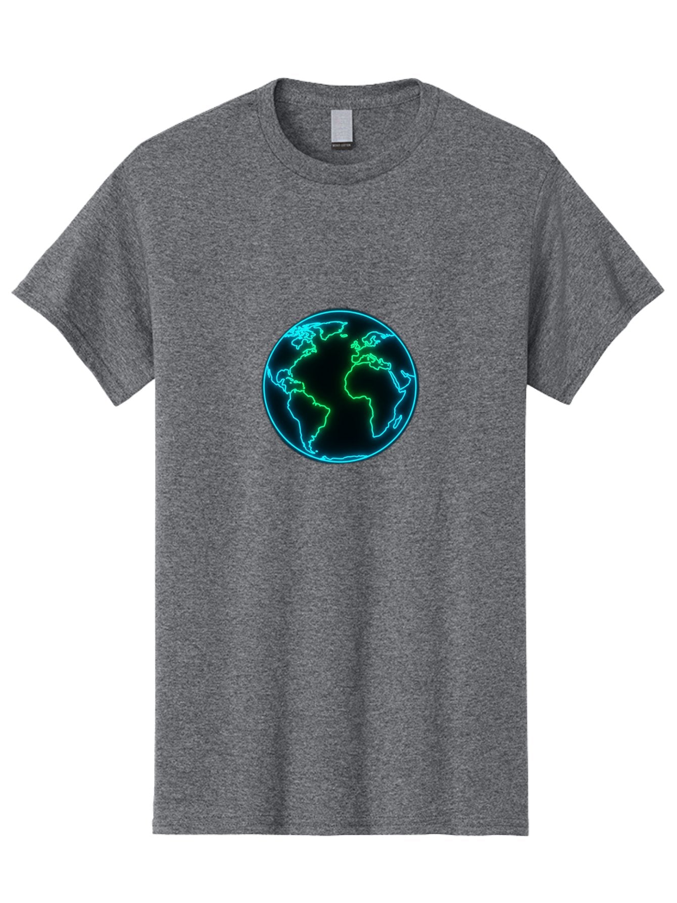 Glowing-Earth Men'S Graphic Tee, 100% Cotton, Comfortable Casual Summer Wear, Machine Washable, Glowing Earth, Neon Map, Global Technology, Digital Planet, Africa And South America Centered, Futuristic Design, Blue And Green Glow Baa765 8