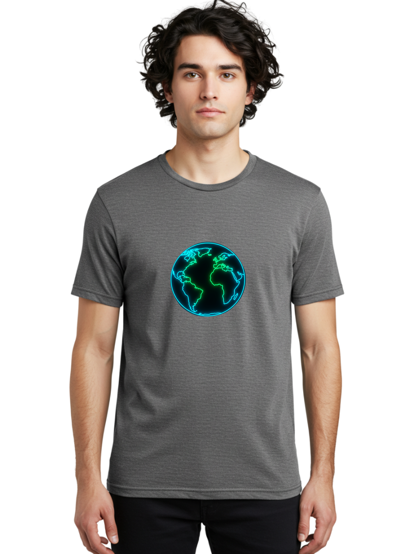 Glowing-Earth Men'S Graphic Tee, 100% Cotton, Comfortable Casual Summer Wear, Machine Washable, Glowing Earth, Neon Map, Global Technology, Digital Planet, Africa And South America Centered, Futuristic Design, Blue And Green Glow Baa765 12