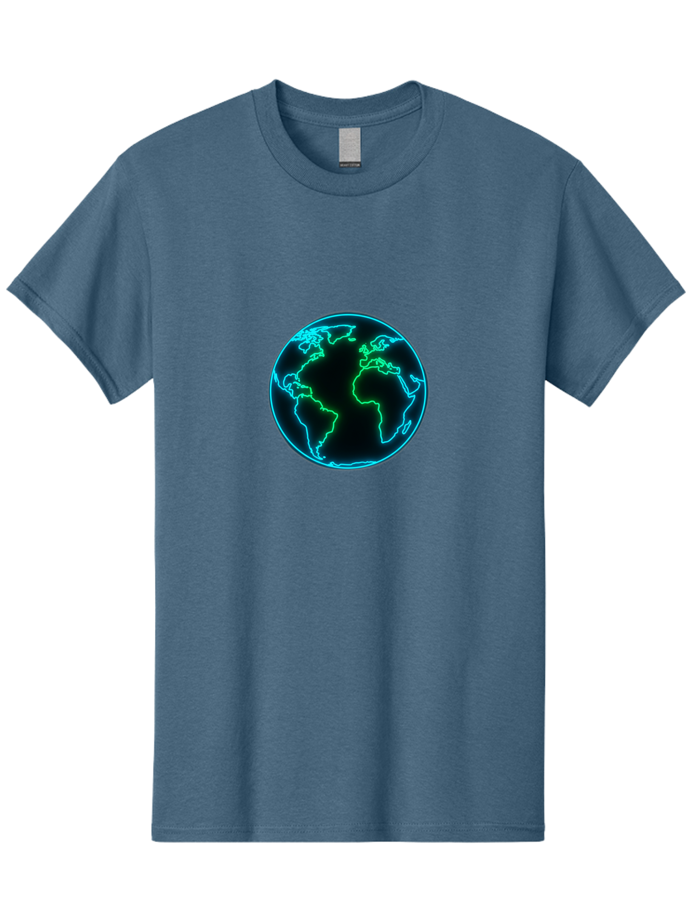 Glowing-Earth Men'S Graphic Tee, 100% Cotton, Comfortable Casual Summer Wear, Machine Washable, Glowing Earth, Neon Map, Global Technology, Digital Planet, Africa And South America Centered, Futuristic Design, Blue And Green Glow Baa765 7