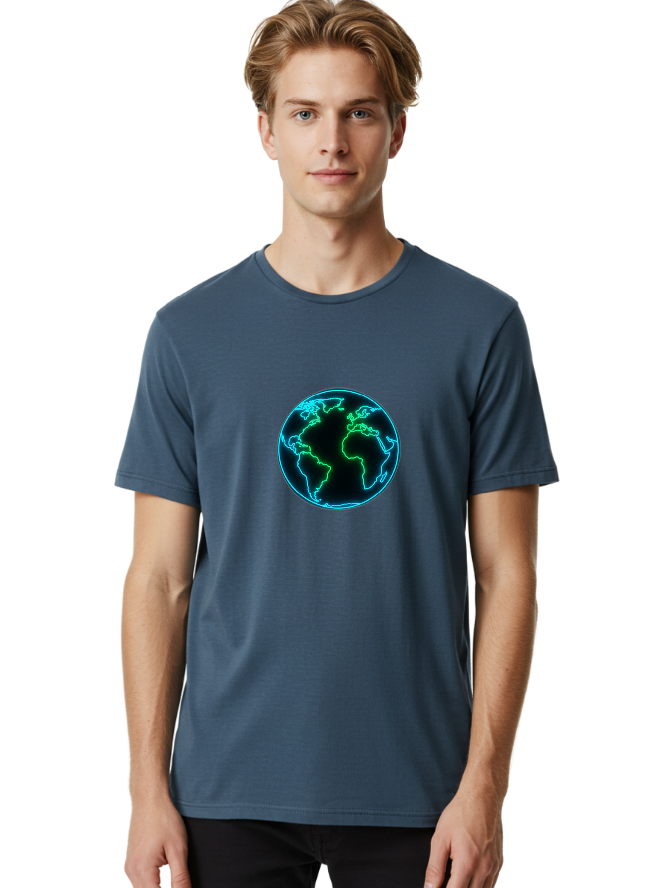 Glowing-Earth Men'S Graphic Tee, 100% Cotton, Comfortable Casual Summer Wear, Machine Washable, Glowing Earth, Neon Map, Global Technology, Digital Planet, Africa And South America Centered, Futuristic Design, Blue And Green Glow Baa765 8