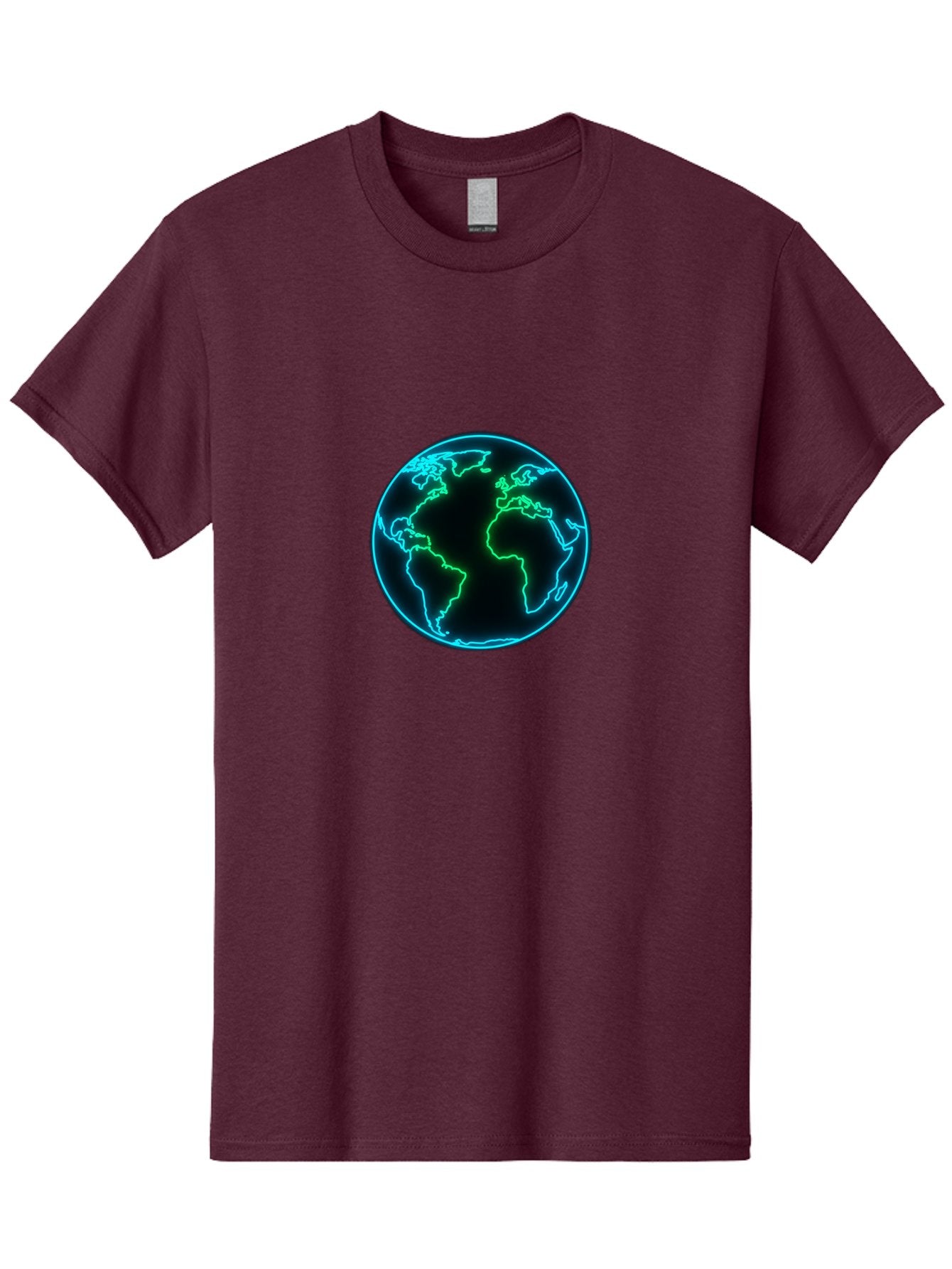 Glowing-Earth Men'S Graphic Tee, 100% Cotton, Comfortable Casual Summer Wear, Machine Washable, Glowing Earth, Neon Map, Global Technology, Digital Planet, Africa And South America Centered, Futuristic Design, Blue And Green Glow Baa765 10