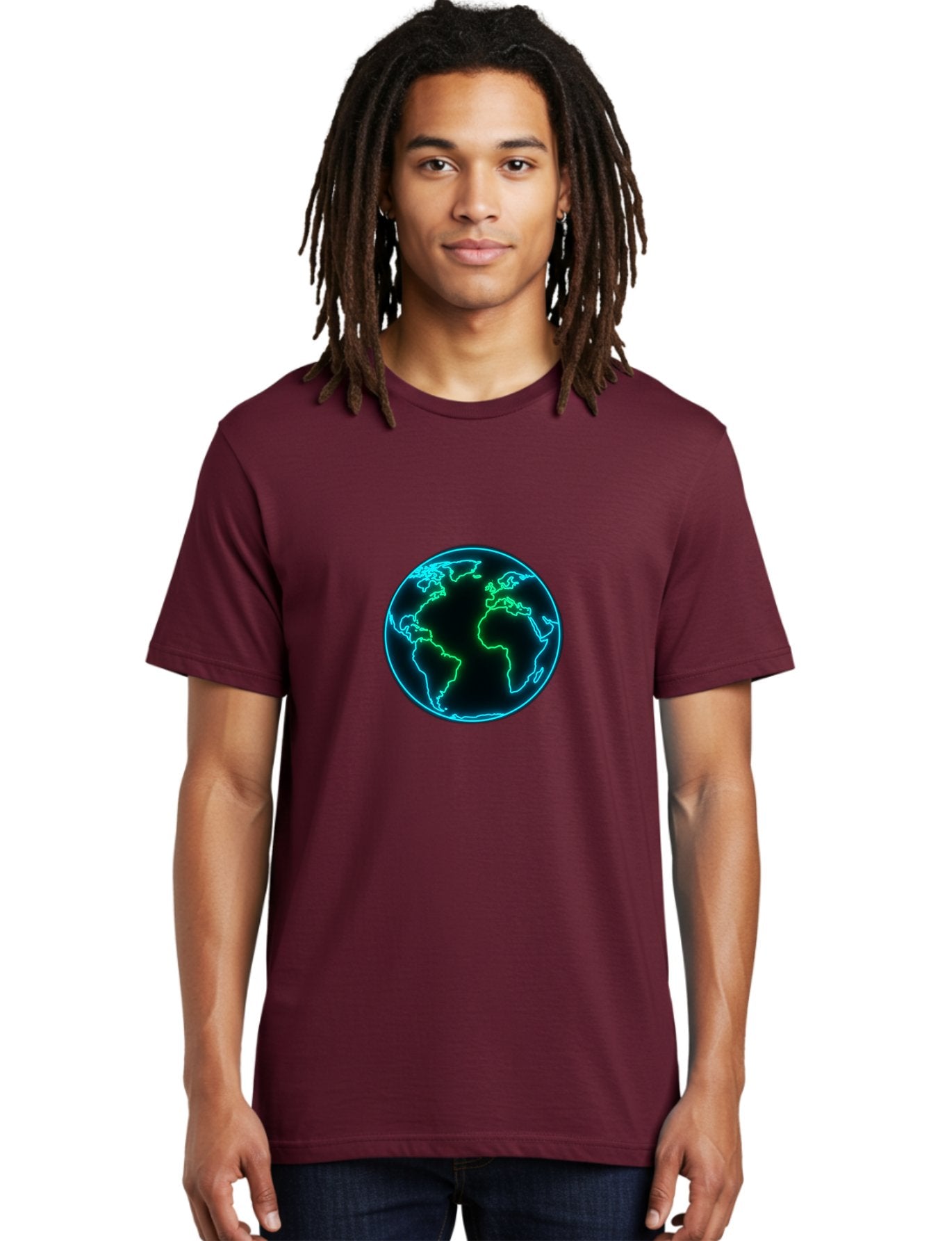 Glowing-Earth Men'S Graphic Tee, 100% Cotton, Comfortable Casual Summer Wear, Machine Washable, Glowing Earth, Neon Map, Global Technology, Digital Planet, Africa And South America Centered, Futuristic Design, Blue And Green Glow Baa765 17