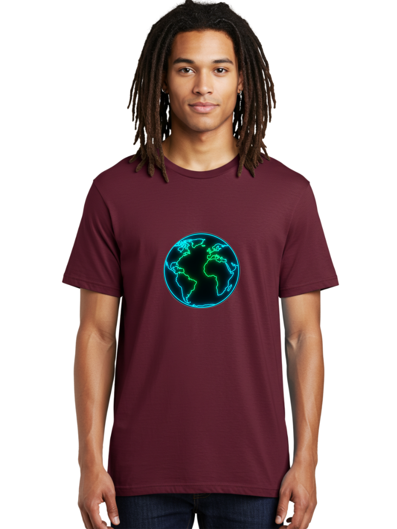 Glowing-Earth Men'S Graphic Tee, 100% Cotton, Comfortable Casual Summer Wear, Machine Washable, Glowing Earth, Neon Map, Global Technology, Digital Planet, Africa And South America Centered, Futuristic Design, Blue And Green Glow Baa765 28