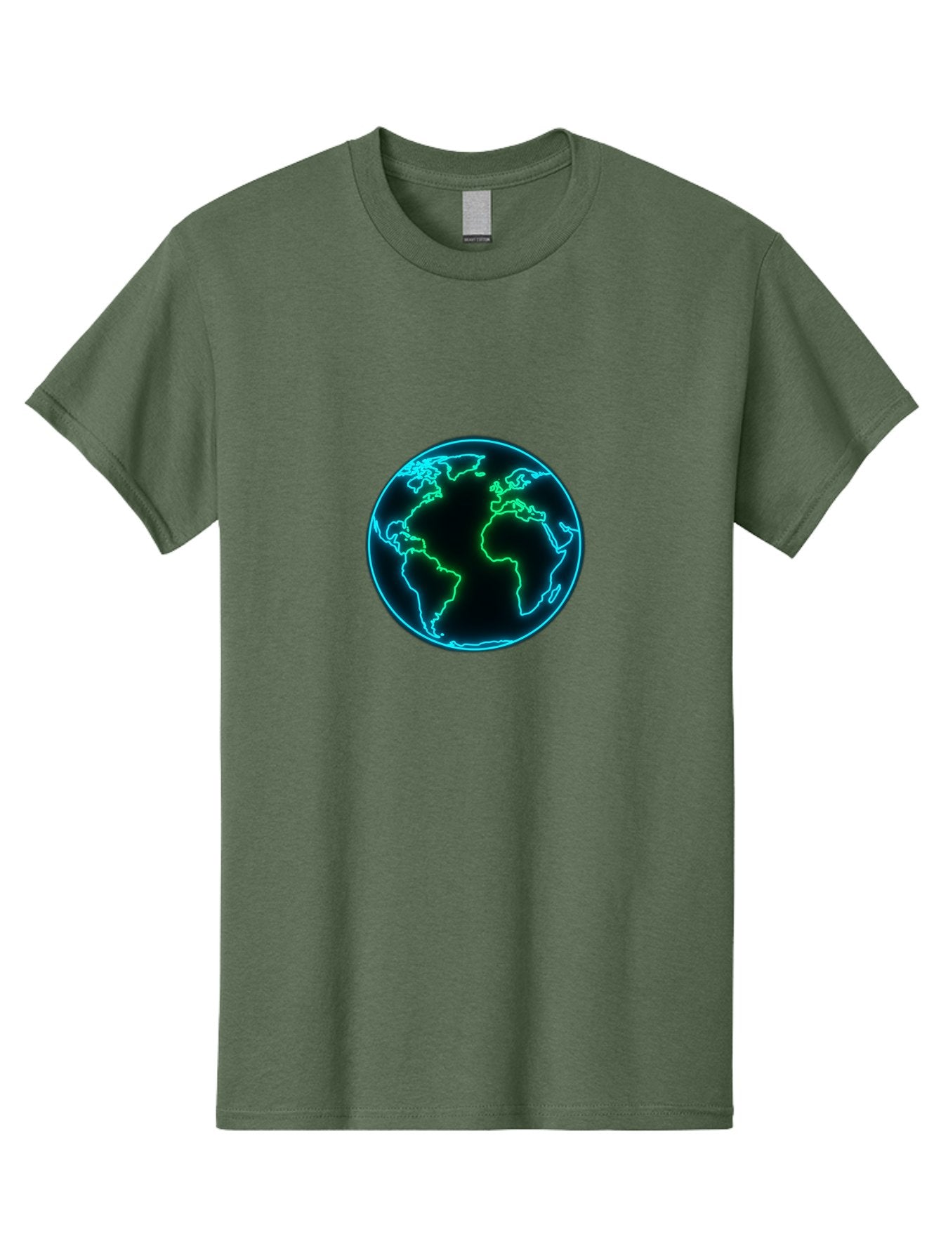 Glowing-Earth Men'S Graphic Tee, 100% Cotton, Comfortable Casual Summer Wear, Machine Washable, Glowing Earth, Neon Map, Global Technology, Digital Planet, Africa And South America Centered, Futuristic Design, Blue And Green Glow Baa765