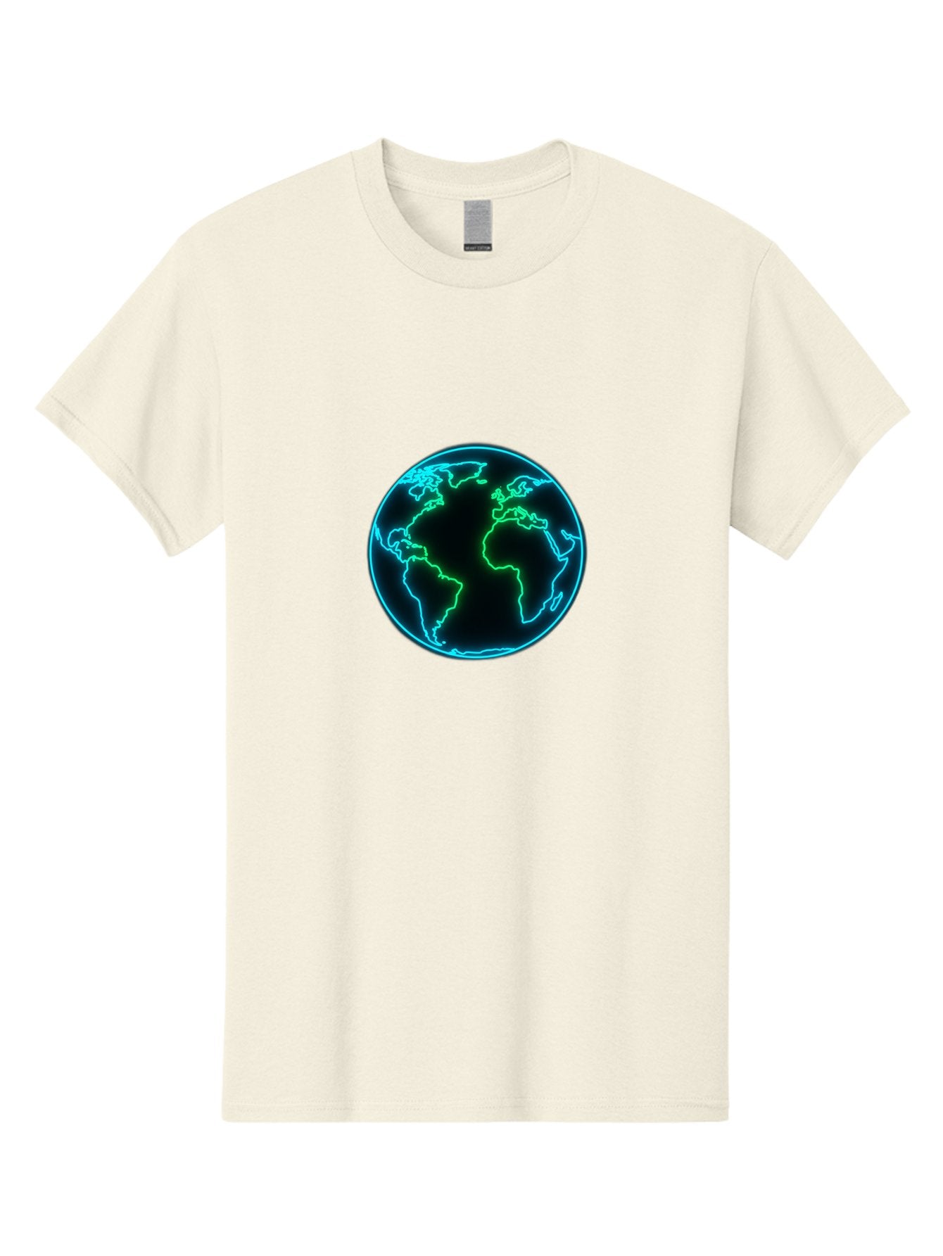 Glowing-Earth Men'S Graphic Tee, 100% Cotton, Comfortable Casual Summer Wear, Machine Washable, Glowing Earth, Neon Map, Global Technology, Digital Planet, Africa And South America Centered, Futuristic Design, Blue And Green Glow Baa765