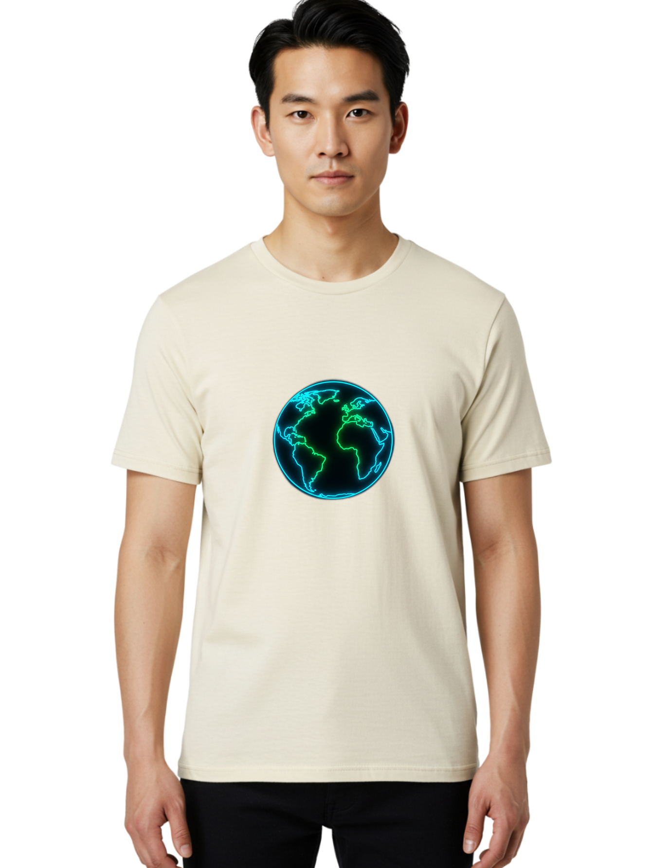 Glowing-Earth Men'S Graphic Tee, 100% Cotton, Comfortable Casual Summer Wear, Machine Washable, Glowing Earth, Neon Map, Global Technology, Digital Planet, Africa And South America Centered, Futuristic Design, Blue And Green Glow Baa765 20
