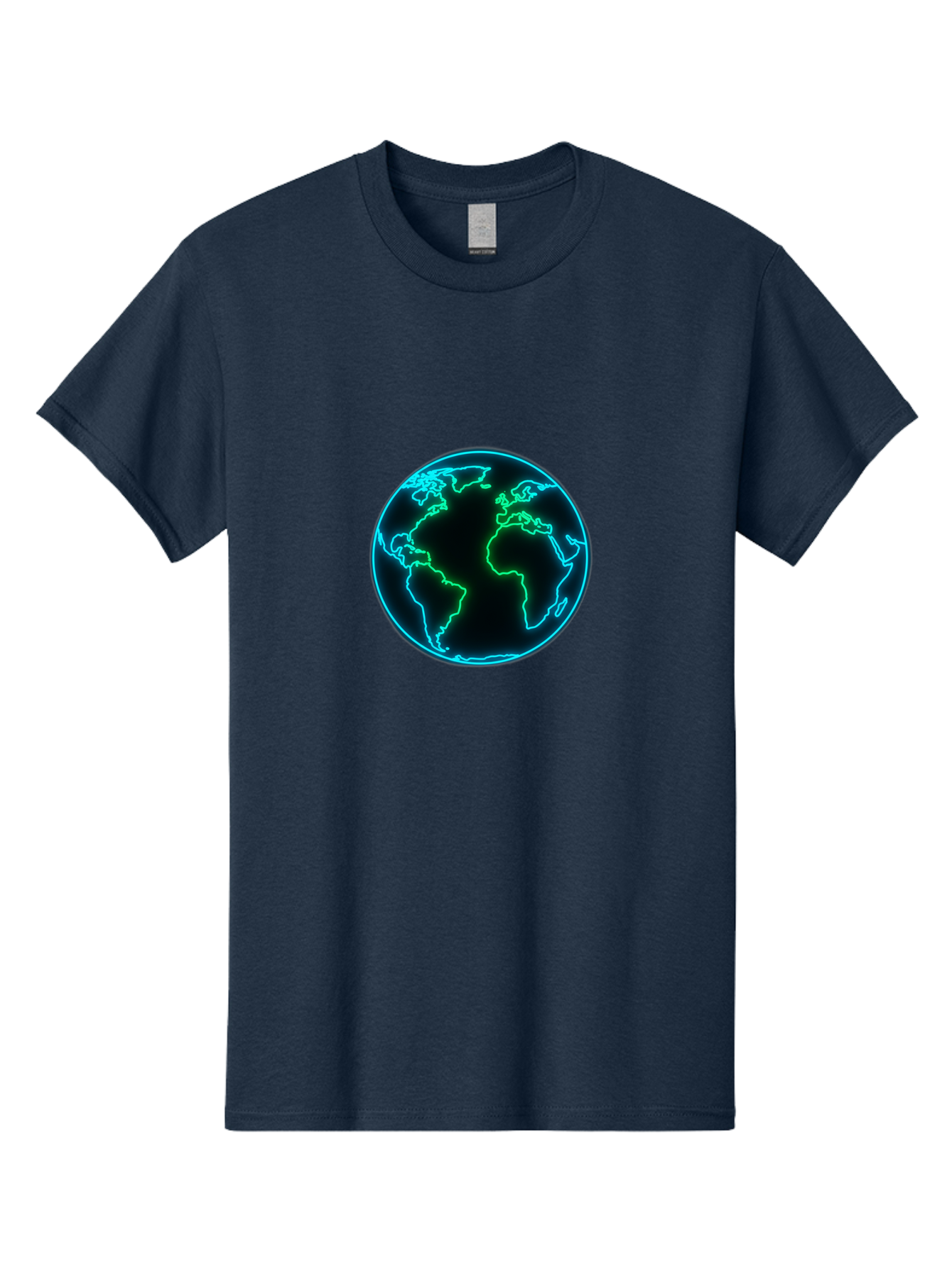 Glowing-Earth Men'S Graphic Tee, 100% Cotton, Comfortable Casual Summer Wear, Machine Washable, Glowing Earth, Neon Map, Global Technology, Digital Planet, Africa And South America Centered, Futuristic Design, Blue And Green Glow Baa765 23