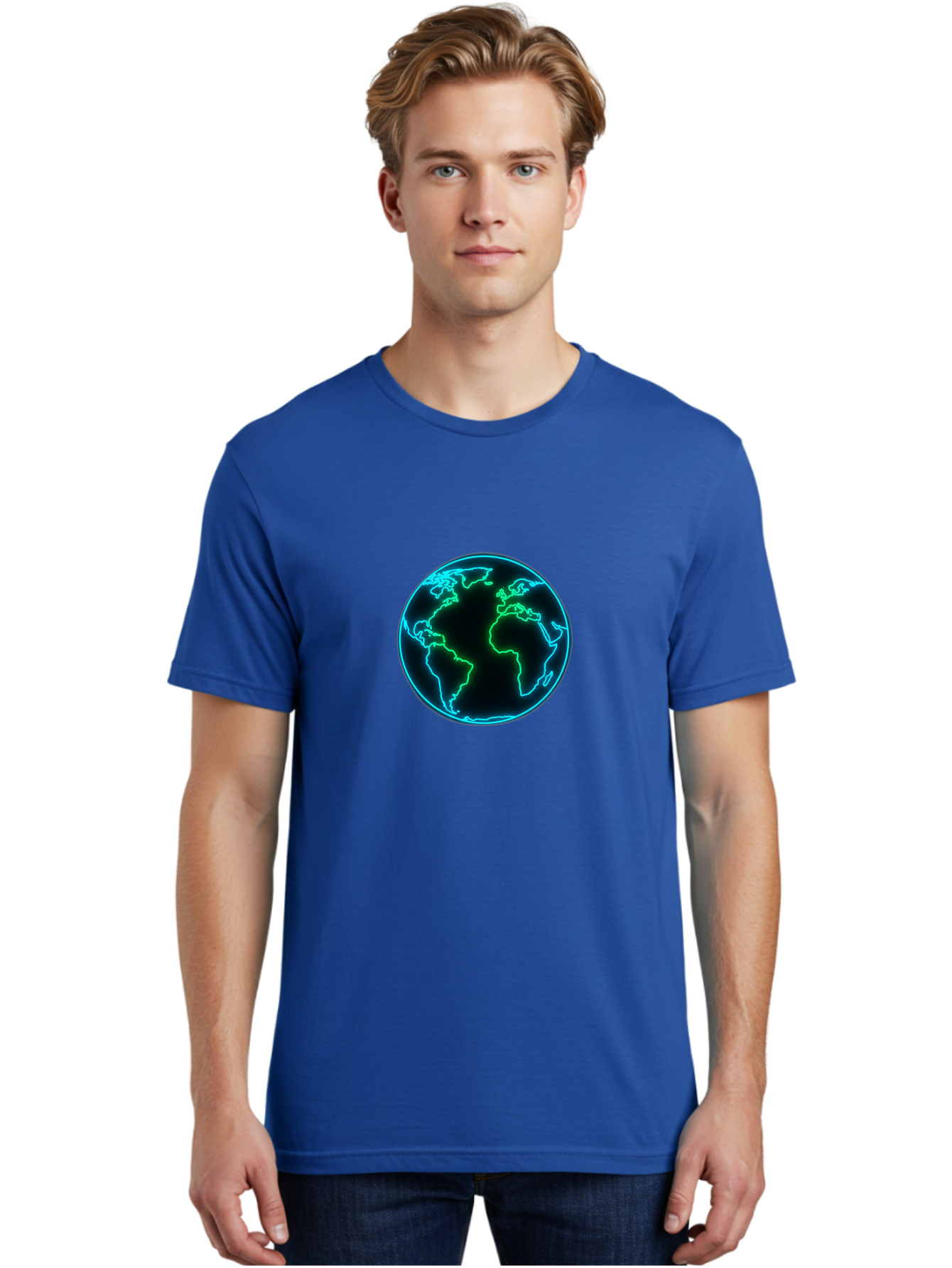 Glowing-Earth Men'S Graphic Tee, 100% Cotton, Comfortable Casual Summer Wear, Machine Washable, Glowing Earth, Neon Map, Global Technology, Digital Planet, Africa And South America Centered, Futuristic Design, Blue And Green Glow Baa765 18
