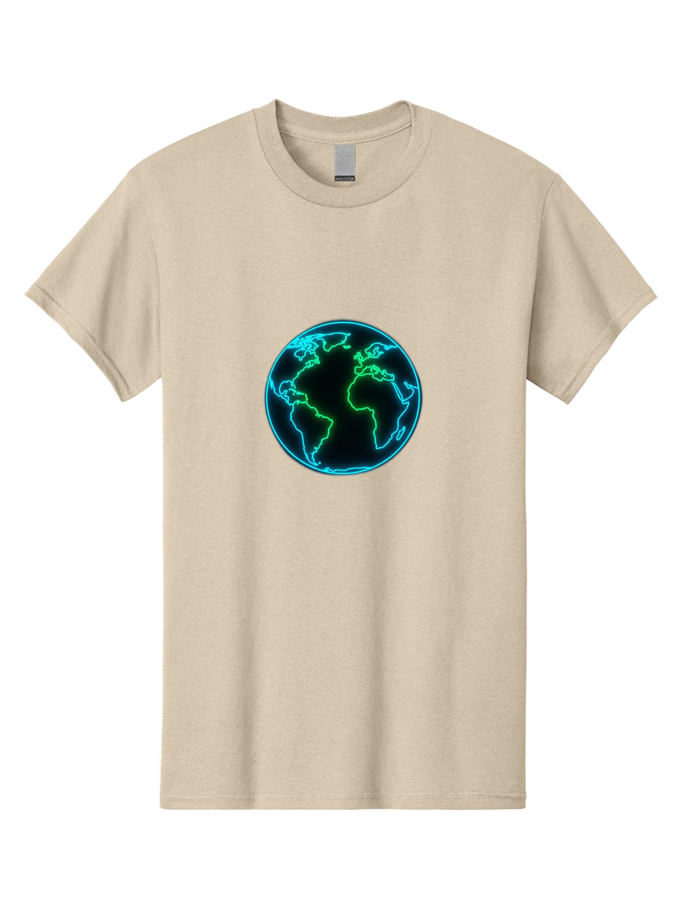 Glowing-Earth Men'S Graphic Tee, 100% Cotton, Comfortable Casual Summer Wear, Machine Washable, Glowing Earth, Neon Map, Global Technology, Digital Planet, Africa And South America Centered, Futuristic Design, Blue And Green Glow Baa765 3