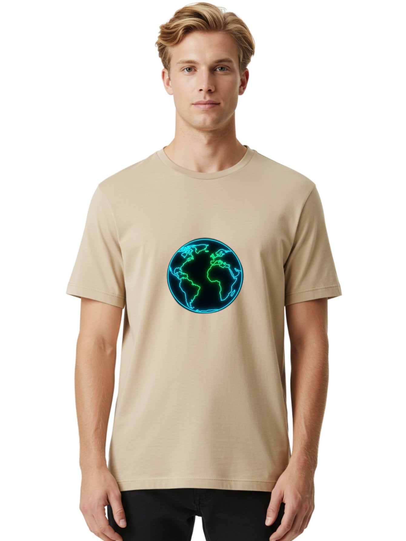 Glowing-Earth Men'S Graphic Tee, 100% Cotton, Comfortable Casual Summer Wear, Machine Washable, Glowing Earth, Neon Map, Global Technology, Digital Planet, Africa And South America Centered, Futuristic Design, Blue And Green Glow Baa765 29