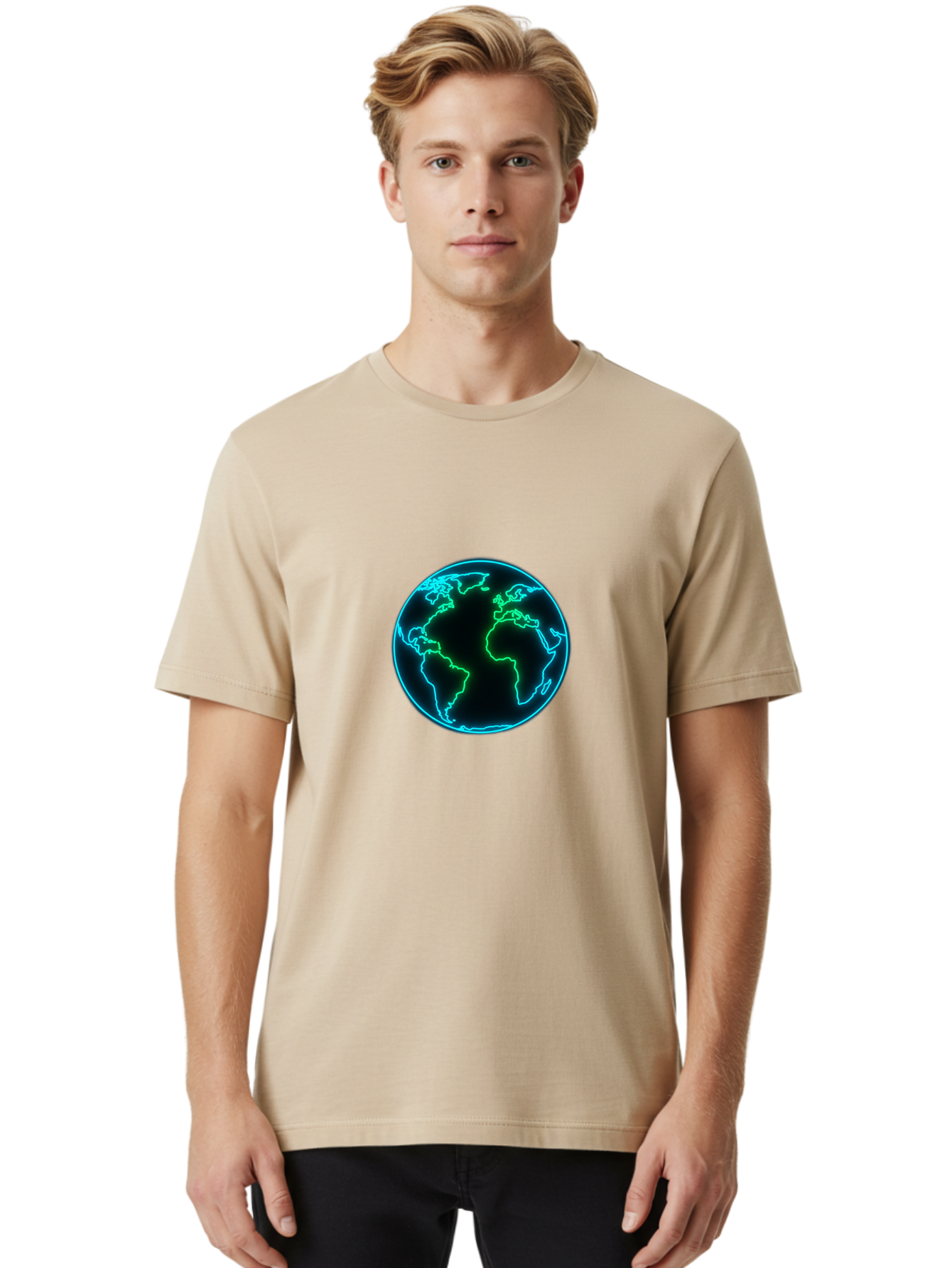 Glowing-Earth Men'S Graphic Tee, 100% Cotton, Comfortable Casual Summer Wear, Machine Washable, Glowing Earth, Neon Map, Global Technology, Digital Planet, Africa And South America Centered, Futuristic Design, Blue And Green Glow Baa765 4