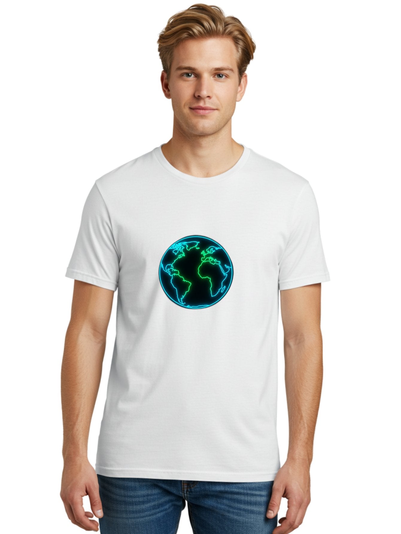 Glowing-Earth Men'S Graphic Tee, 100% Cotton, Comfortable Casual Summer Wear, Machine Washable, Glowing Earth, Neon Map, Global Technology, Digital Planet, Africa And South America Centered, Futuristic Design, Blue And Green Glow Baa765 20